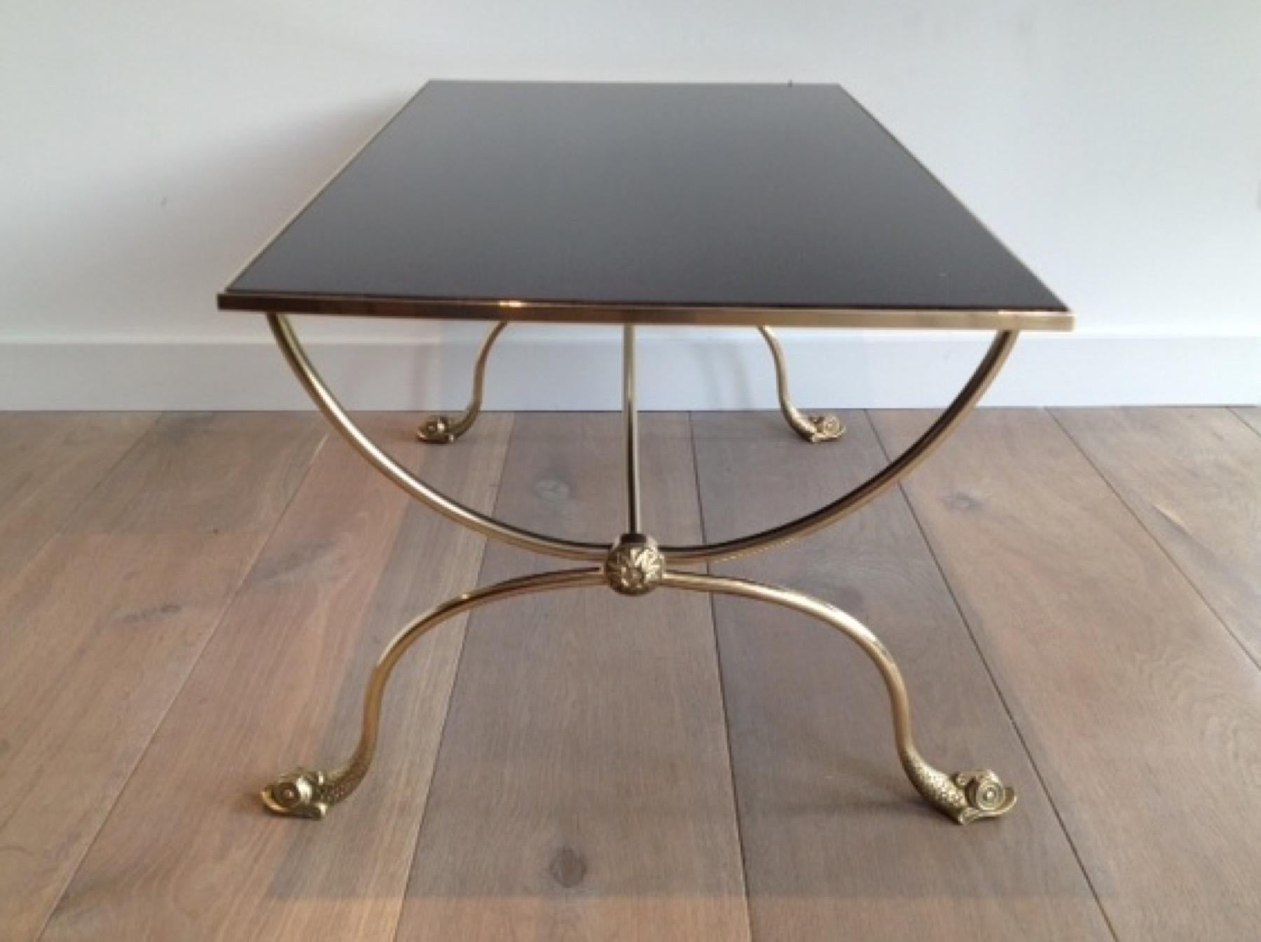 Brass Coffee Table with Dolphin Heads and Black Lacquered Glass Top, French Work 9