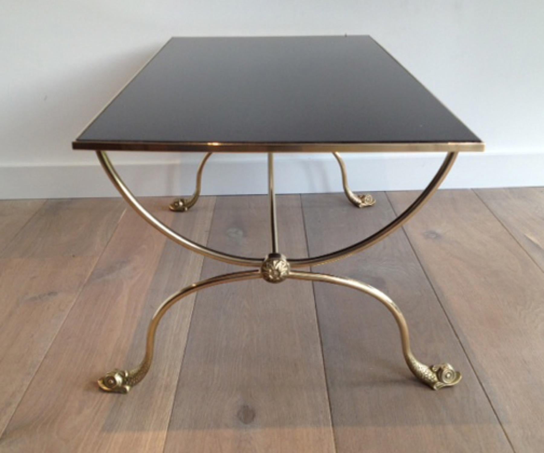 Neoclassical Brass Coffee Table with Dolphin Heads and Black Lacquered Glass Top, French Work