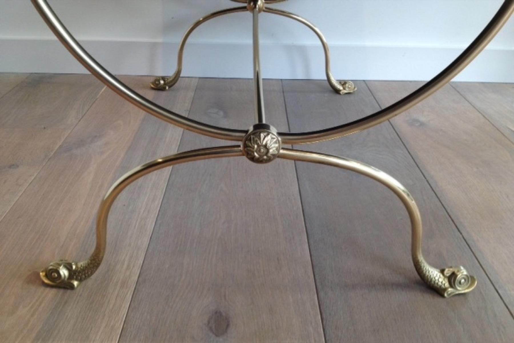 Mid-20th Century Brass Coffee Table with Dolphin Heads and Black Lacquered Glass Top, French Work