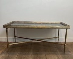 Brass Coffee Table with Gallery and Black Lacquered Glass Top by Maison Jansen