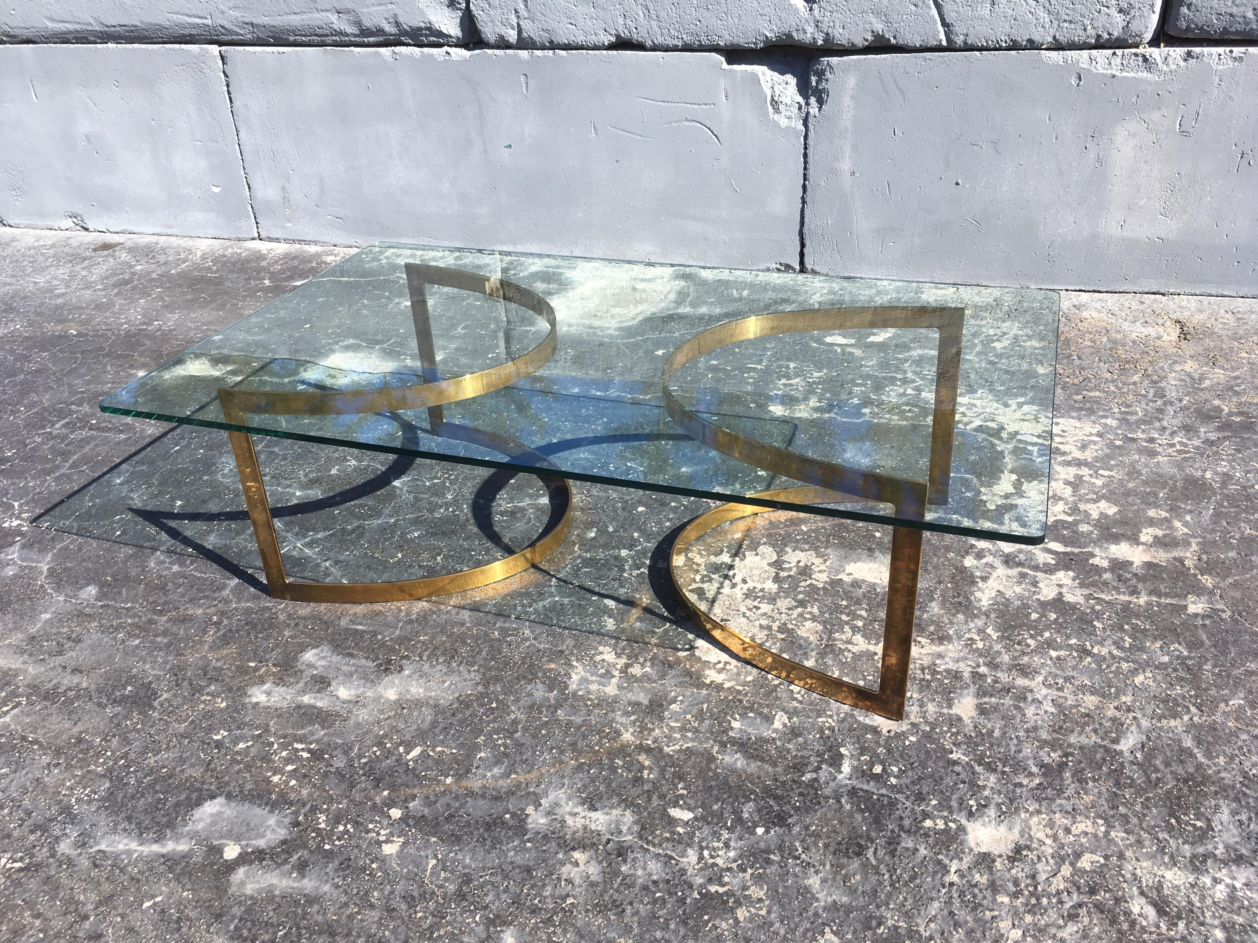 Mid-Century Modern Brass Coffee Table with Glass Top in the Style of LaVerne