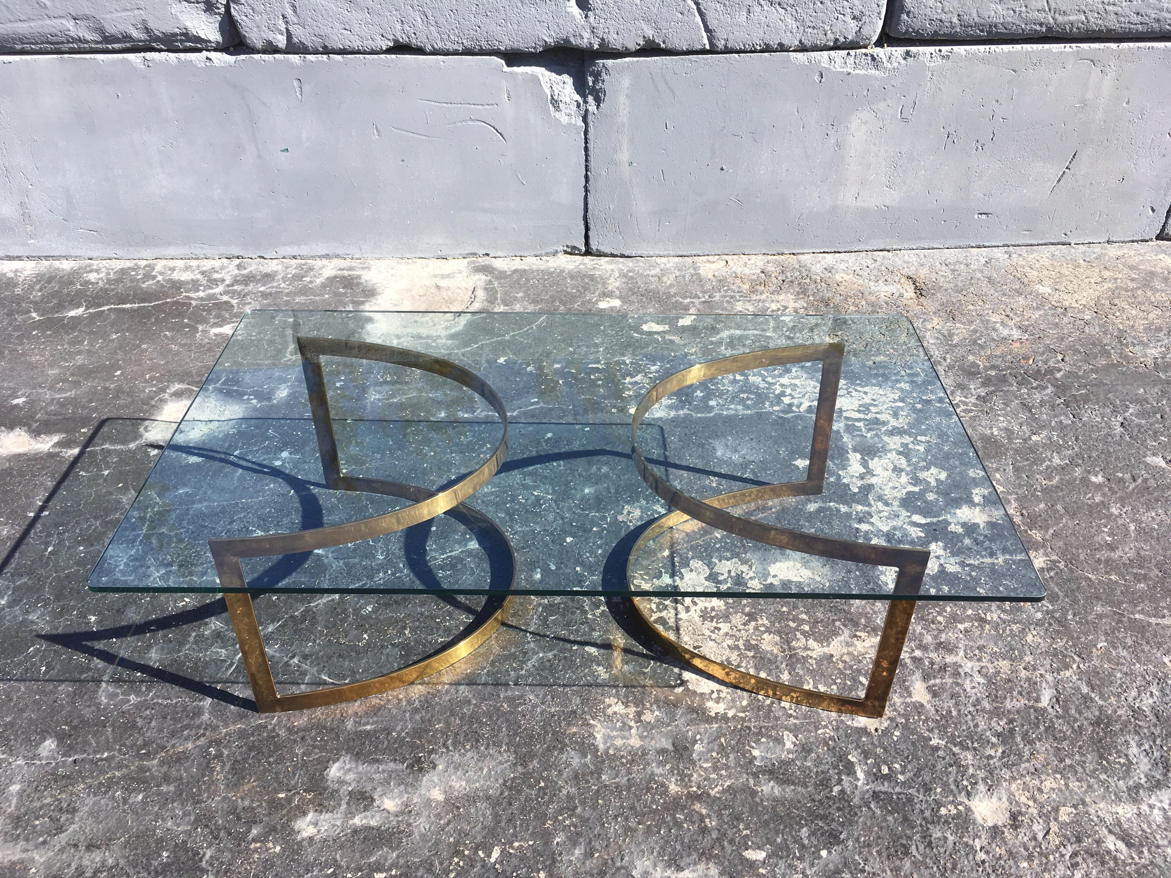 American Brass Coffee Table with Glass Top in the Style of LaVerne