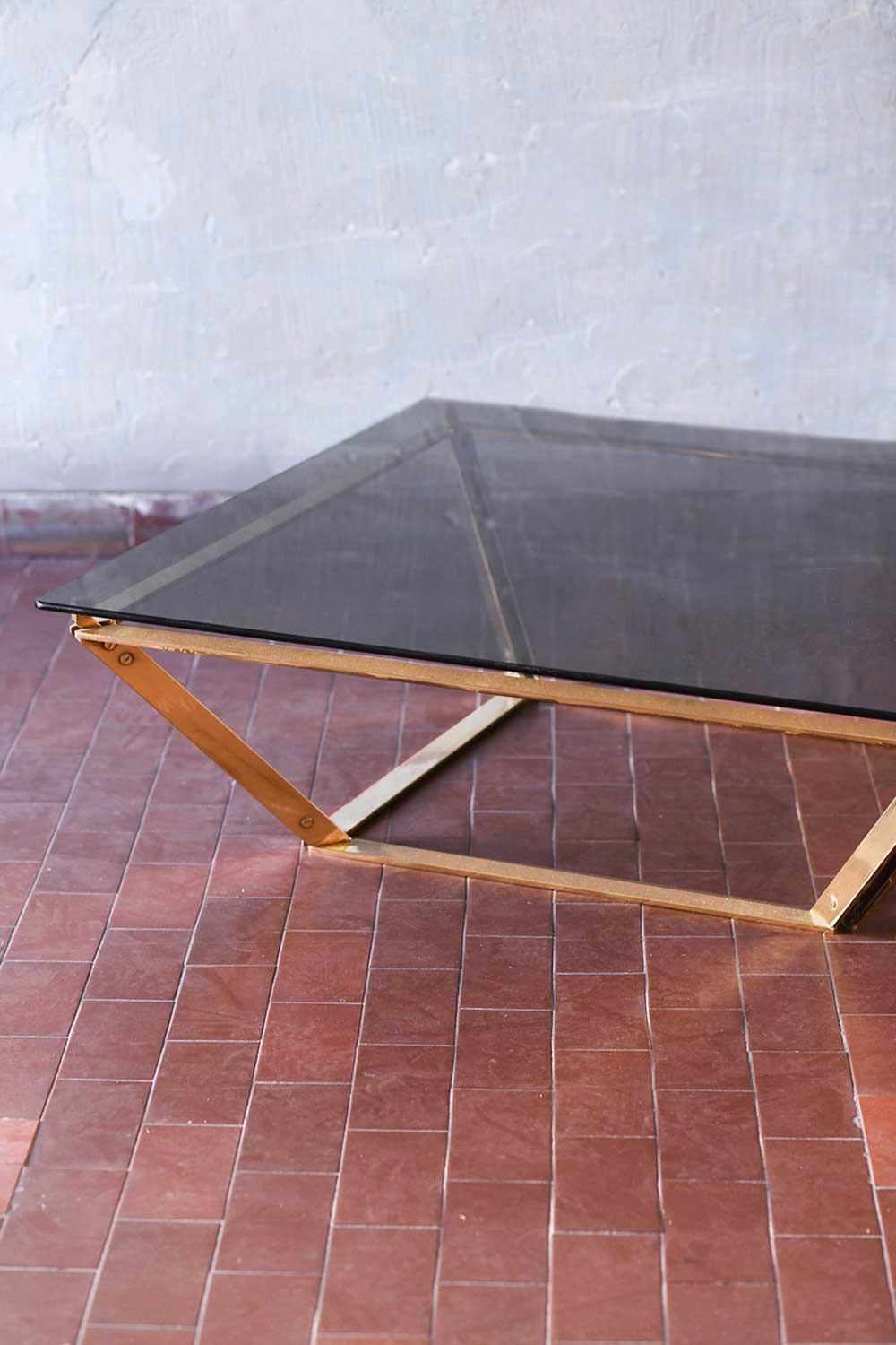 Late 20th Century Brass coffee table with glass top, Italy 1970 For Sale