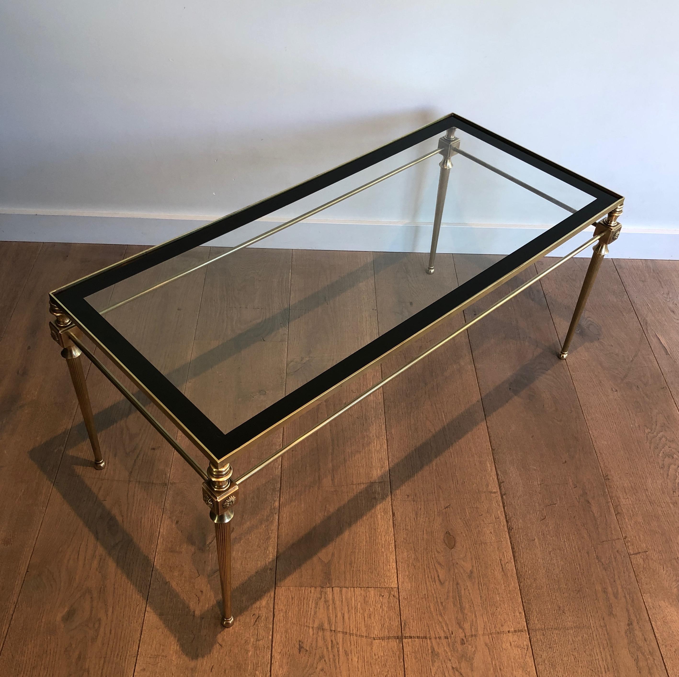 Brass Coffee Table with Glass Top Surrounded by Black Lacquered Line For Sale 6