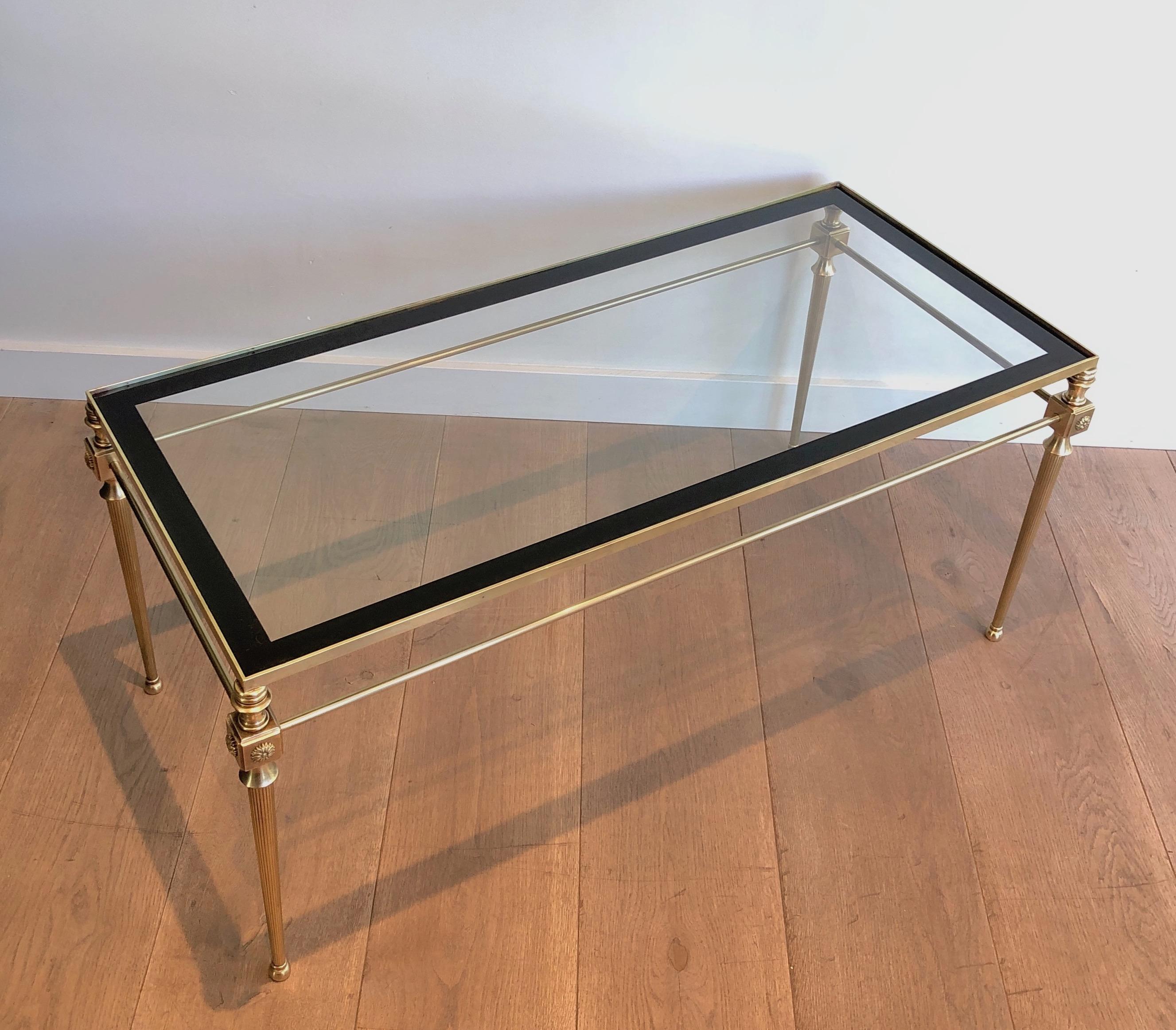 Brass Coffee Table with Glass Top Surrounded by Black Lacquered Line For Sale 7