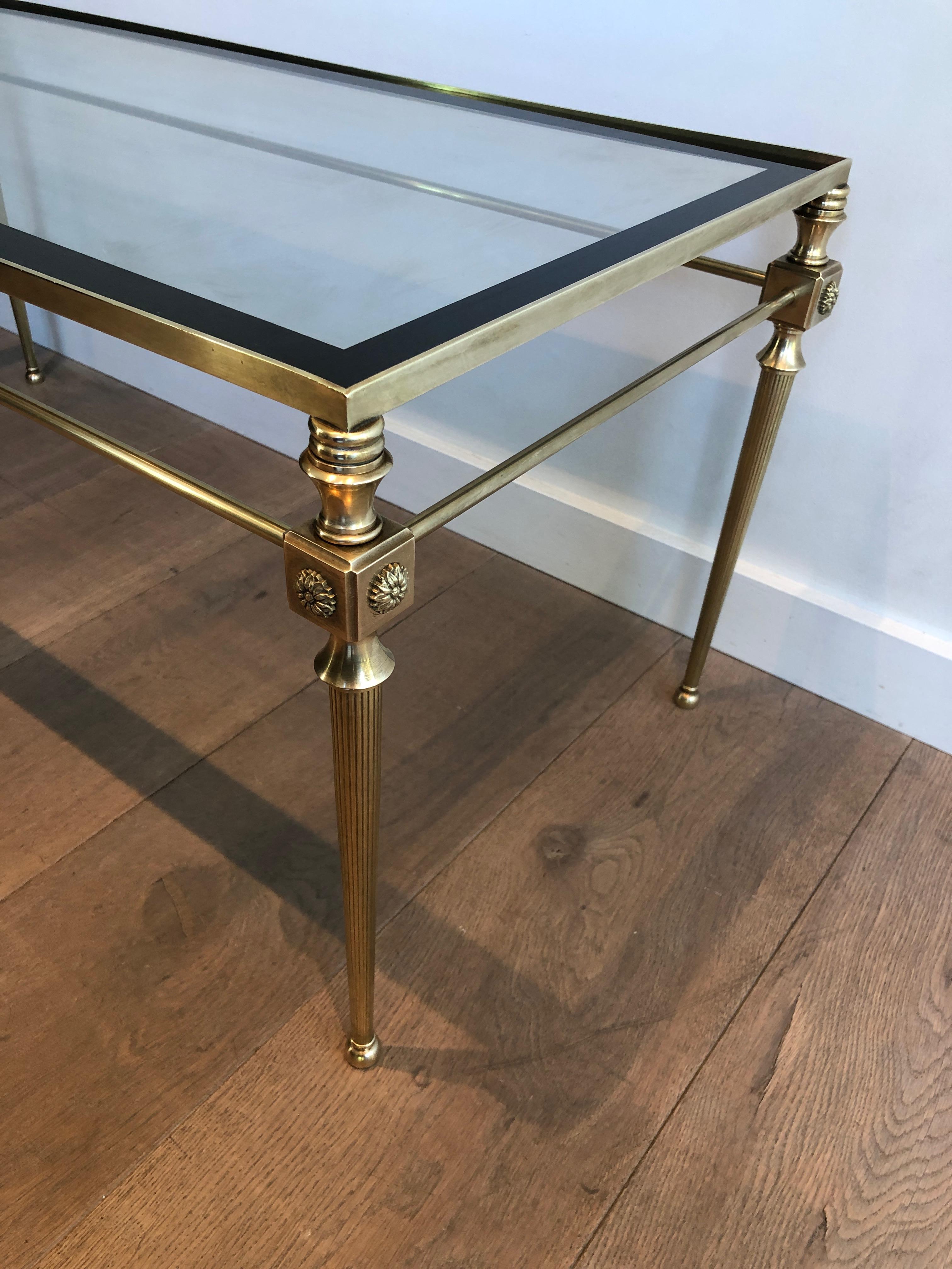 Brass Coffee Table with Glass Top Surrounded by Black Lacquered Line For Sale 9