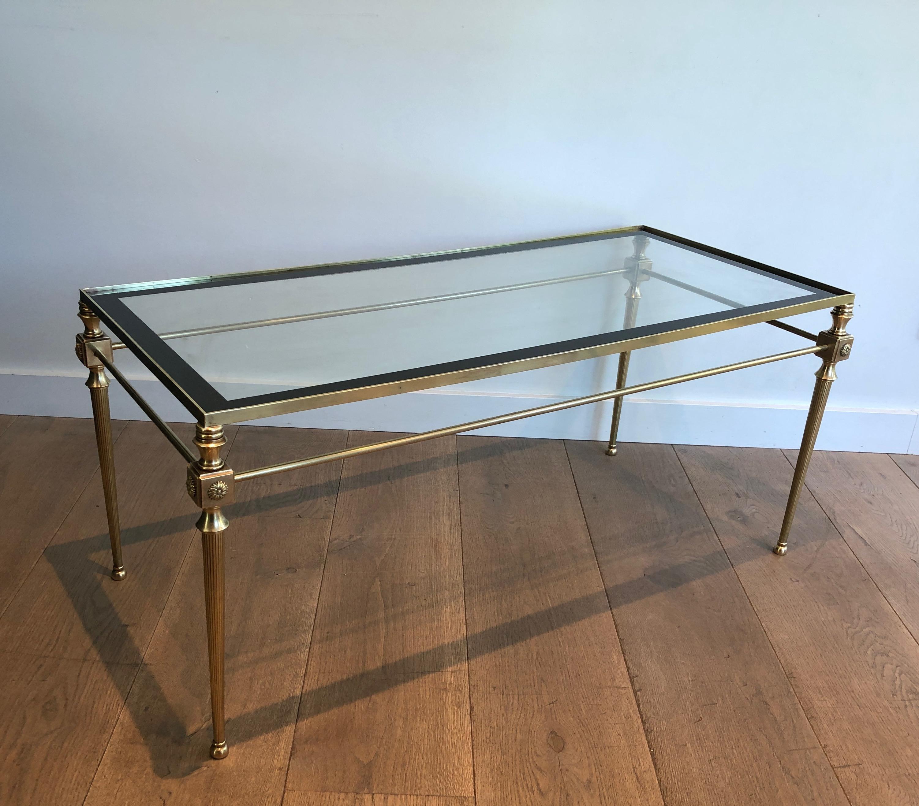 Brass Coffee Table with Glass Top Surrounded by Black Lacquered Line For Sale 13