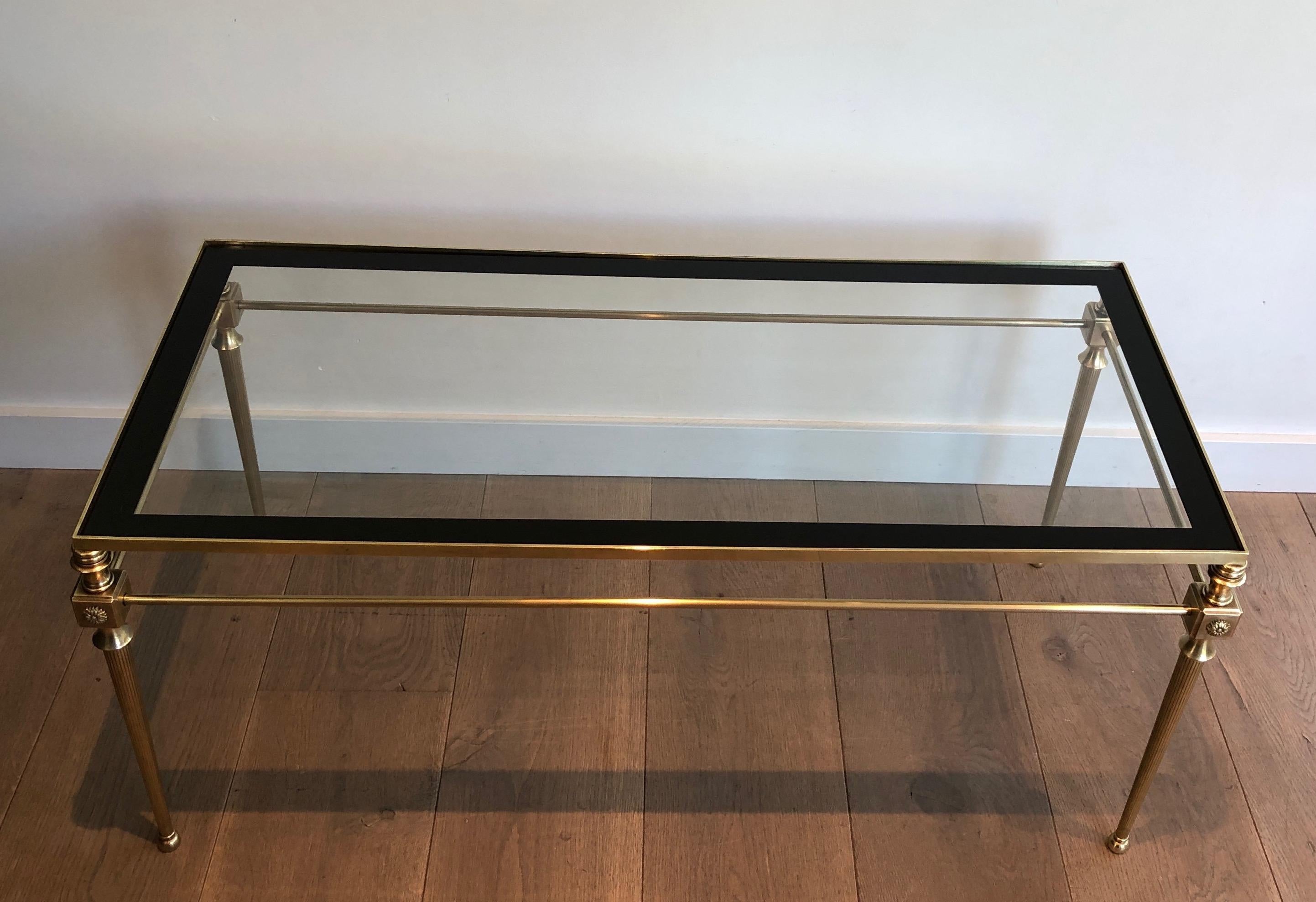 French Brass Coffee Table with Glass Top Surrounded by Black Lacquered Line For Sale