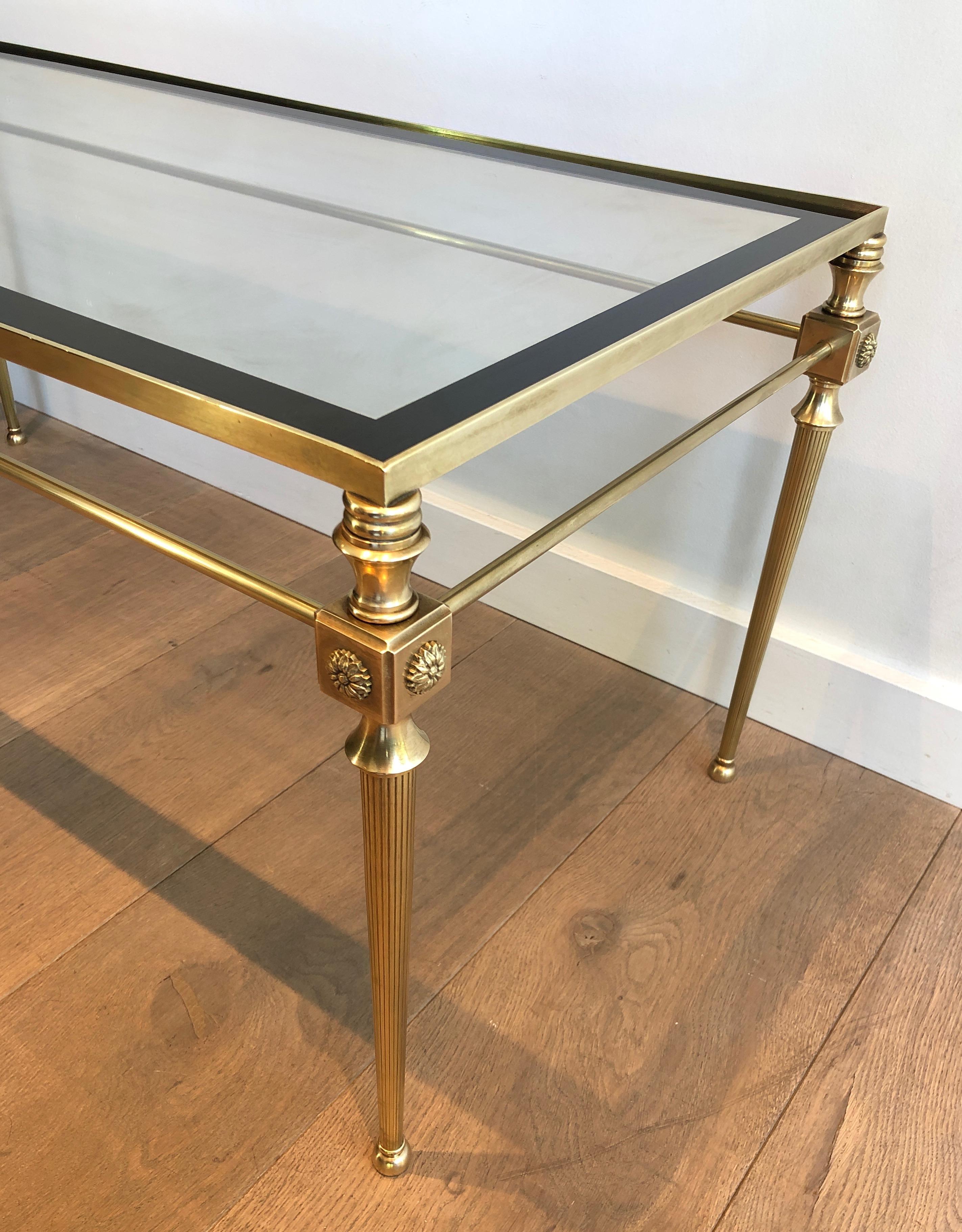 20th Century Brass Coffee Table with Glass Top Surrounded by Black Lacquered Line For Sale