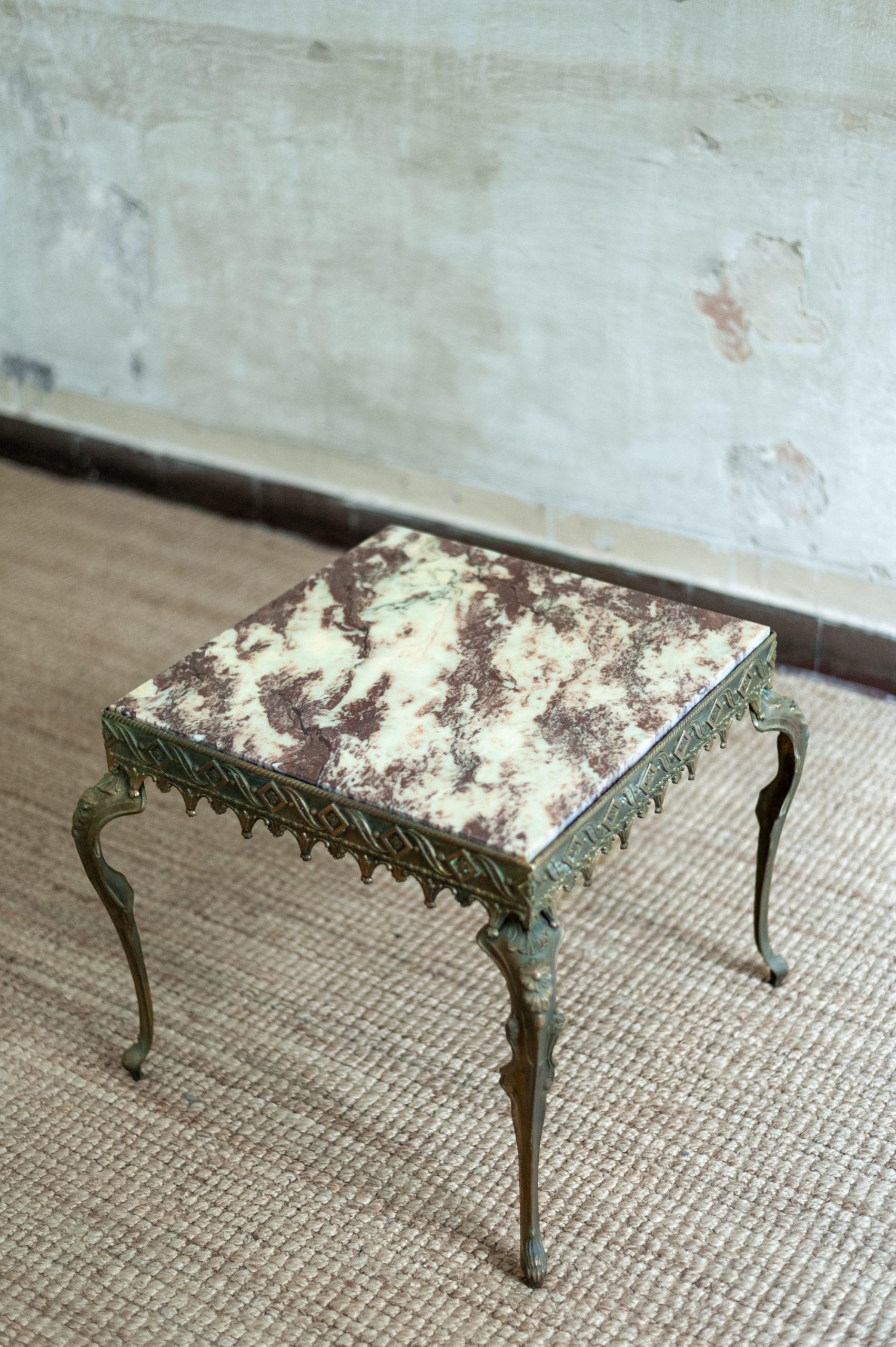 Italian Brass Coffee Table with Marble Top – 1950s For Sale