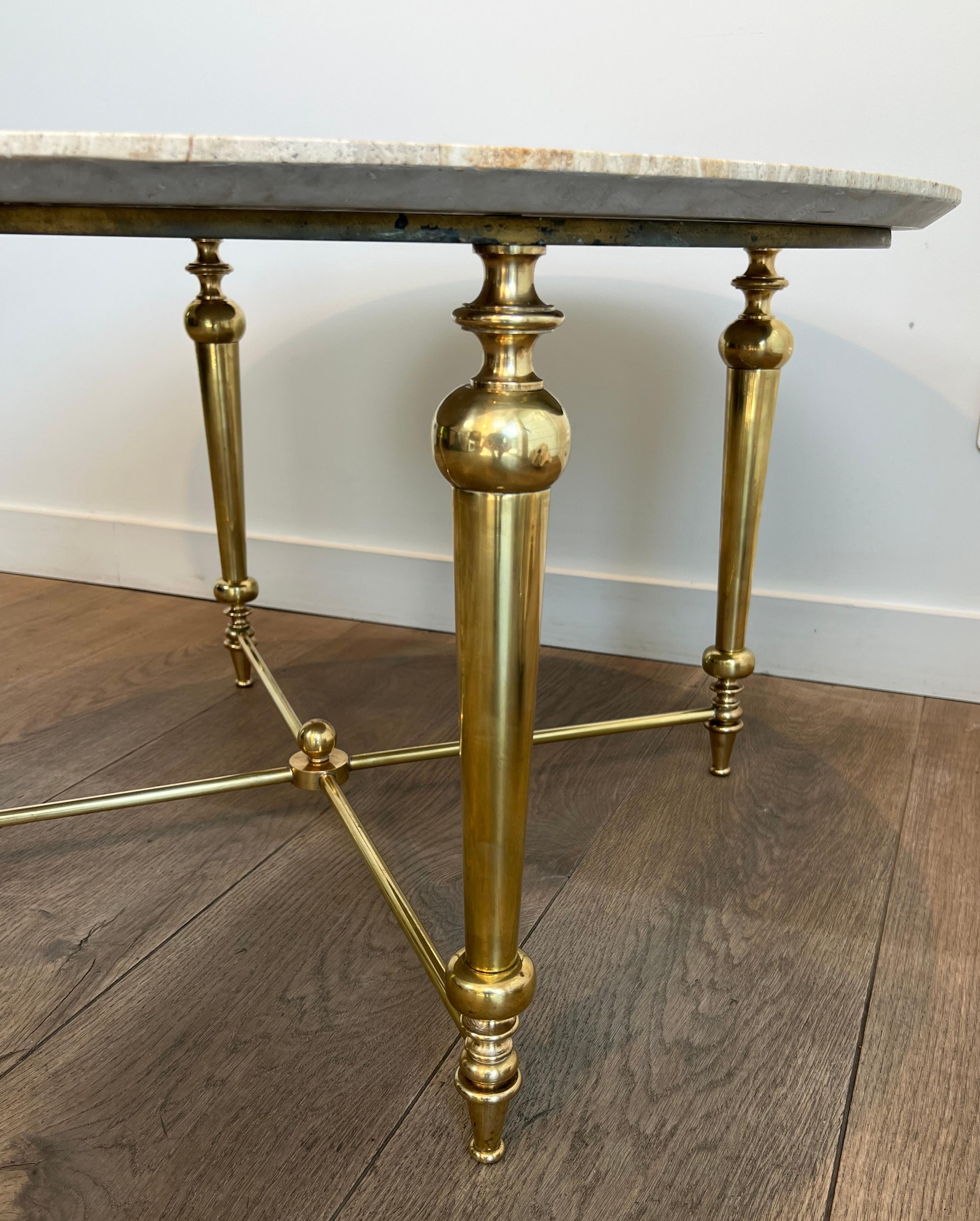 Brass Coffee Table with Travertine Top in the Style of Maison Ramsay For Sale 4