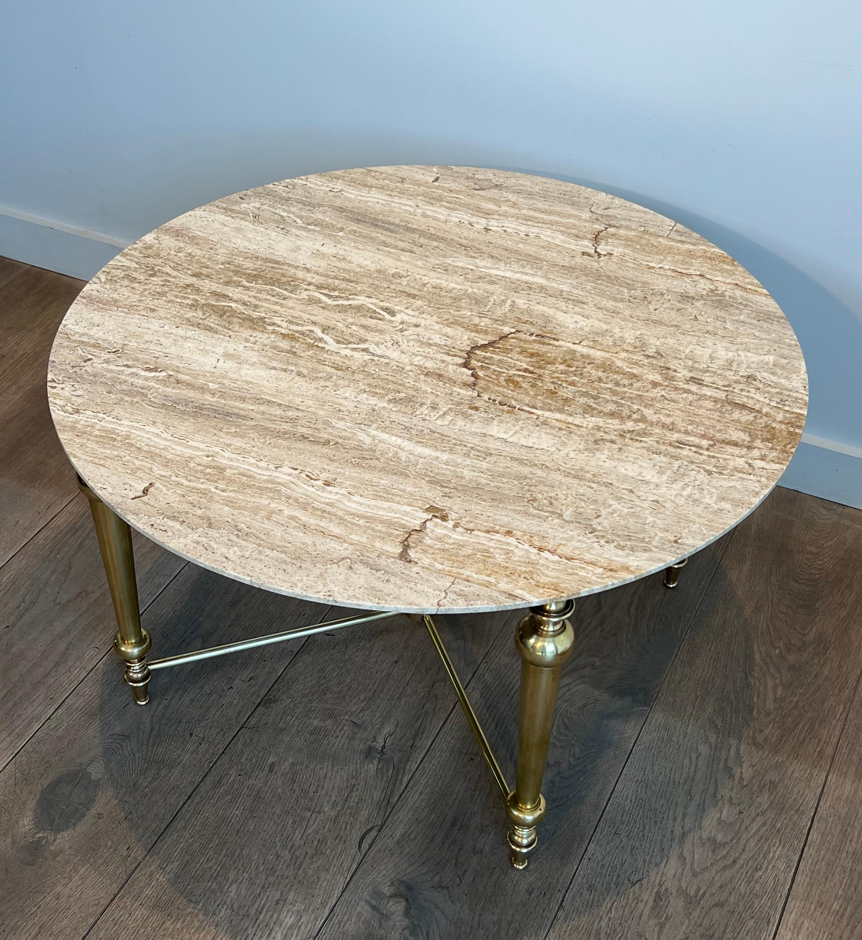 Brass Coffee Table with Travertine Top in the Style of Maison Ramsay For Sale 5