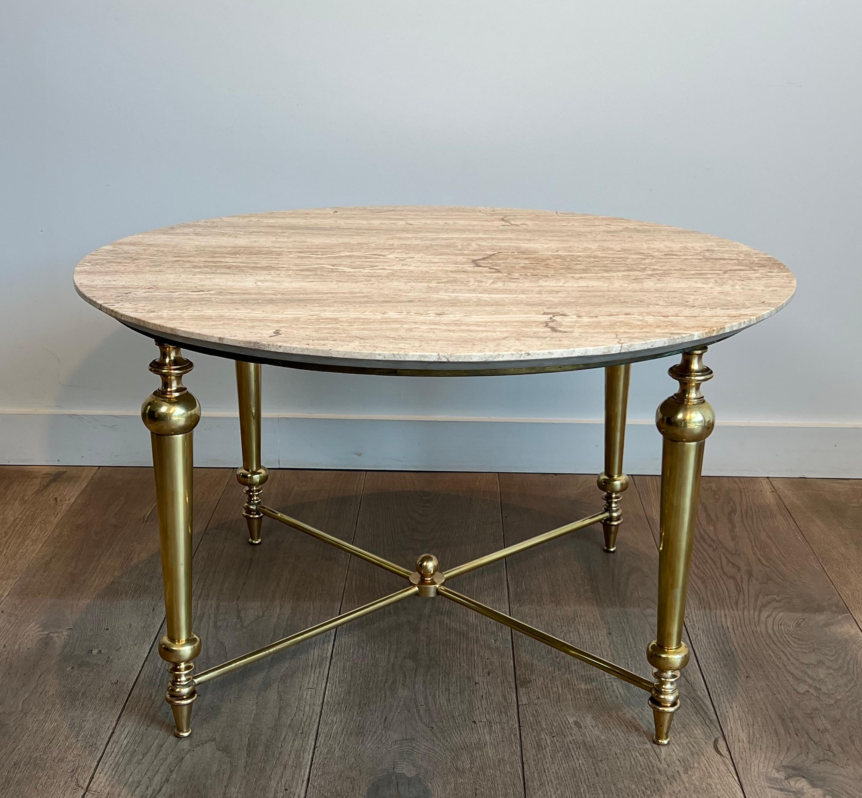 Brass Coffee Table with Travertine Top in the Style of Maison Ramsay For Sale 6