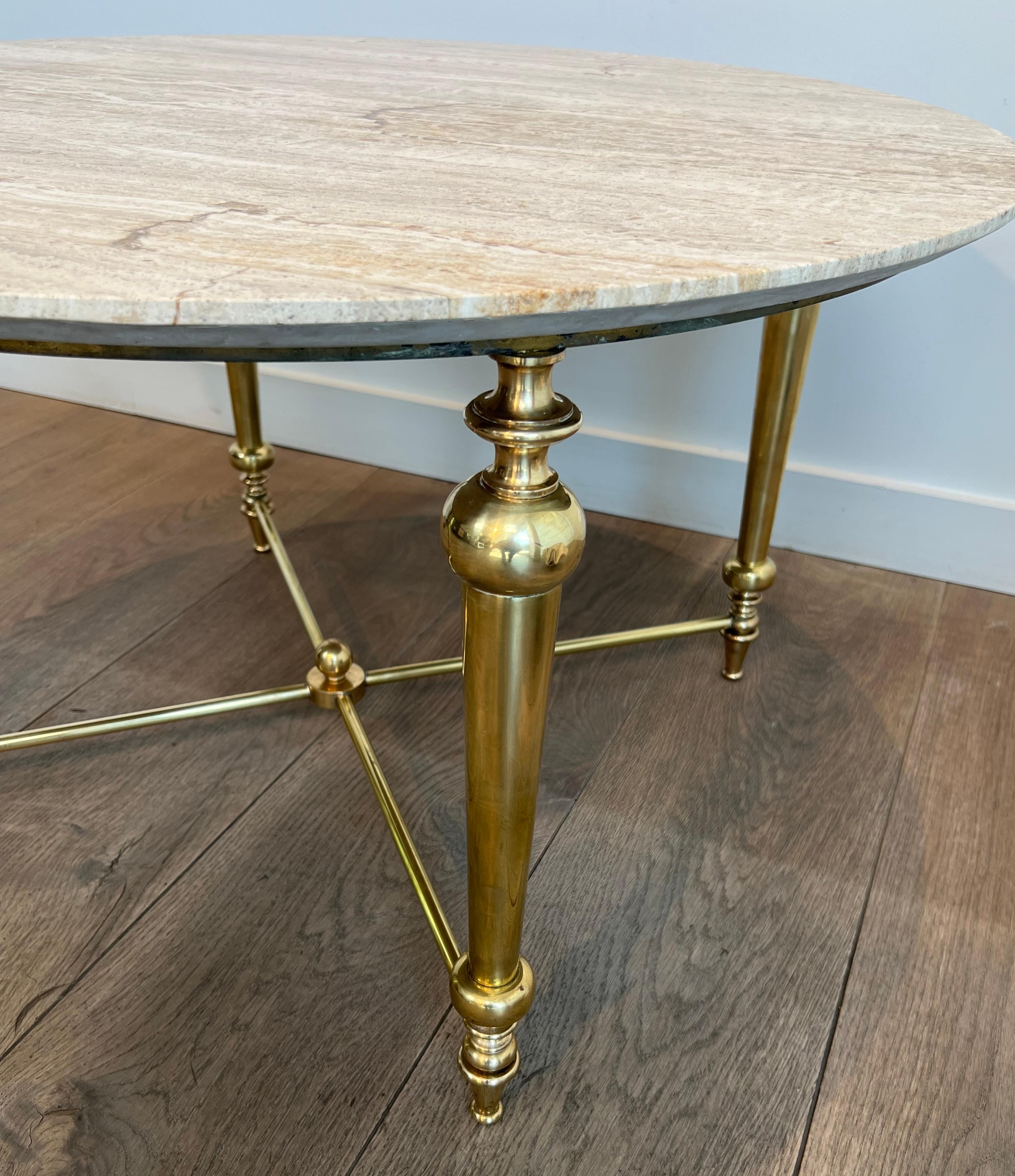 Brass Coffee Table with Travertine Top in the Style of Maison Ramsay For Sale 8
