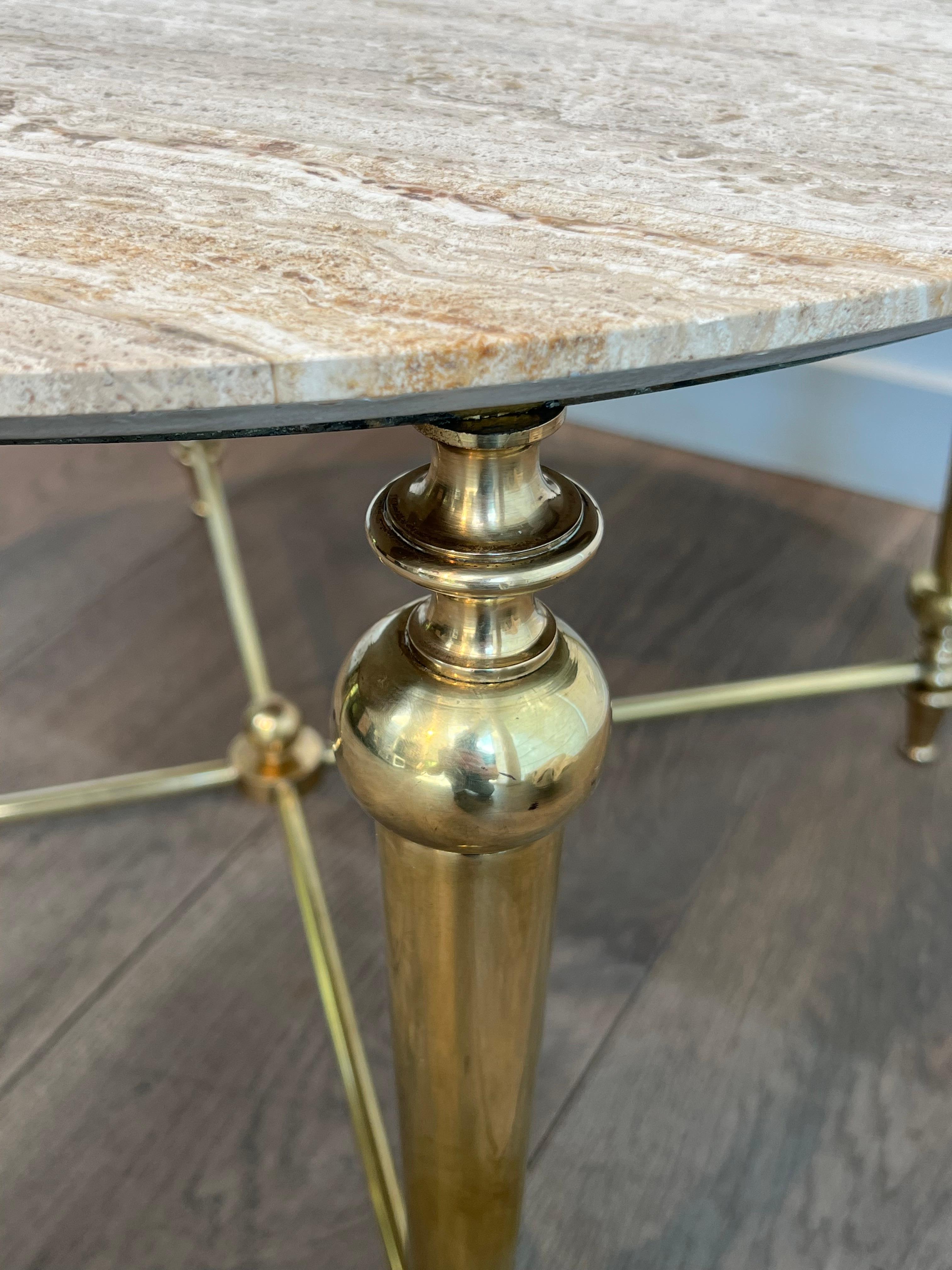 Brass Coffee Table with Travertine Top in the Style of Maison Ramsay For Sale 9