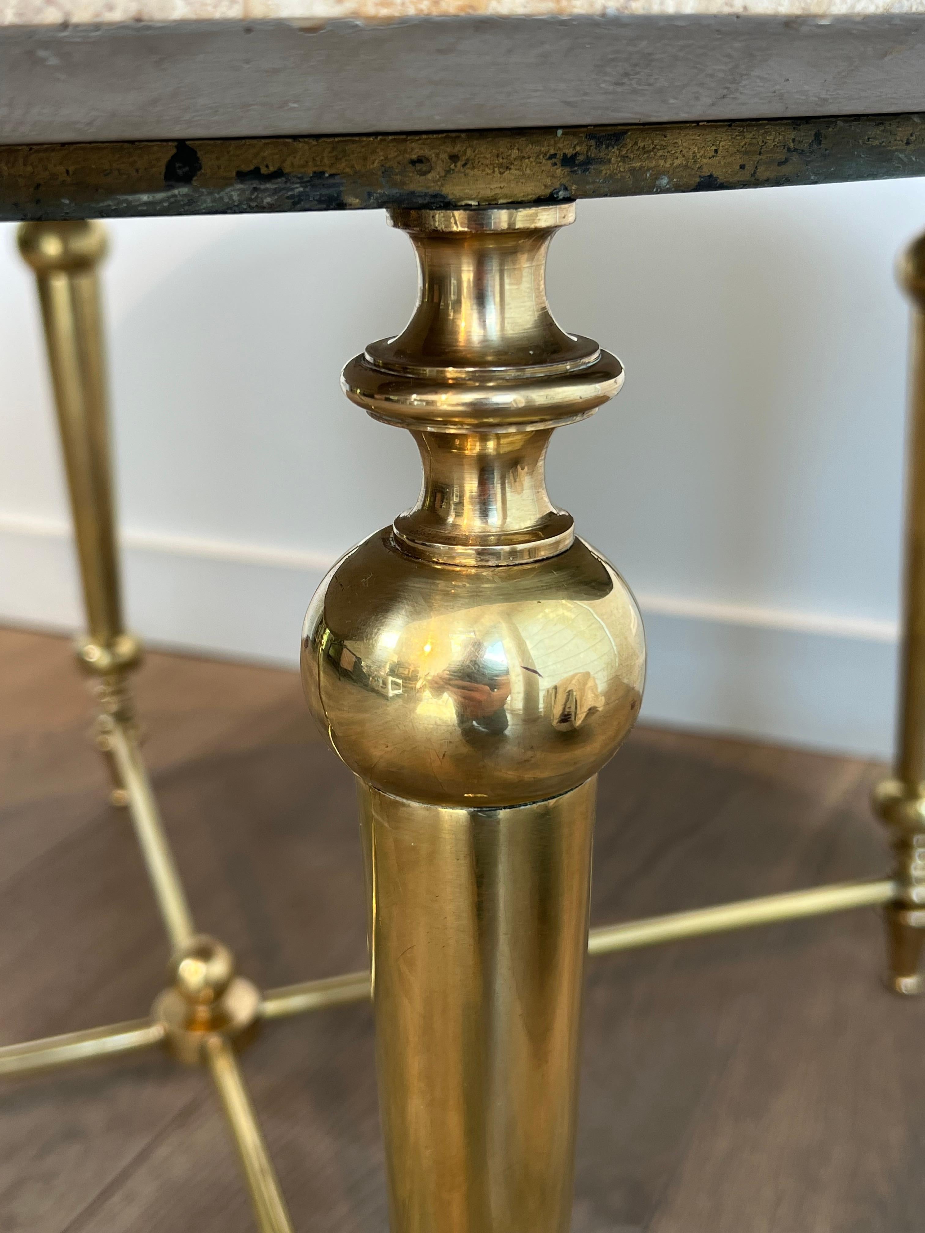 Brass Coffee Table with Travertine Top in the Style of Maison Ramsay For Sale 10