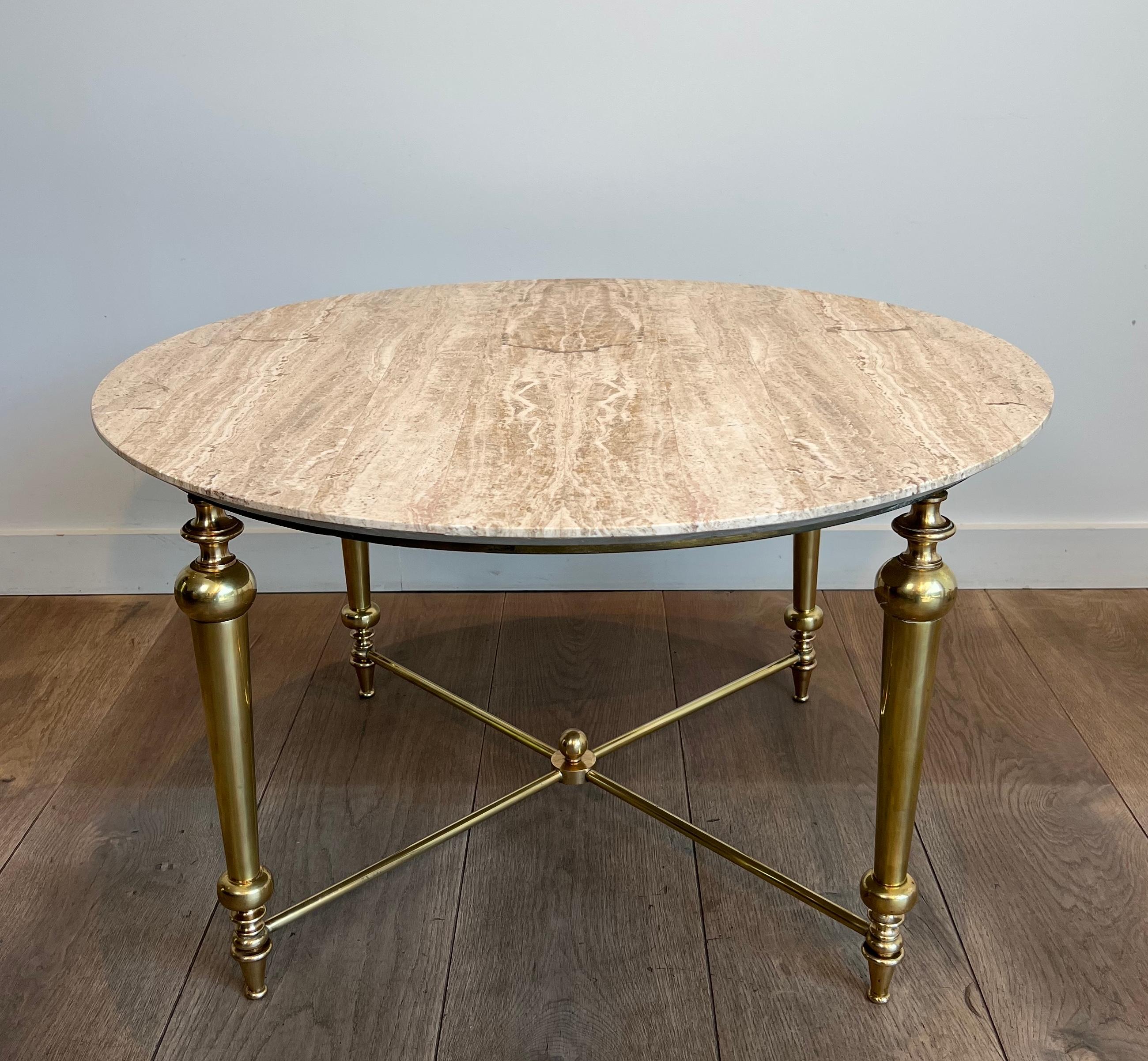Brass Coffee Table with Travertine Top in the Style of Maison Ramsay For Sale 13