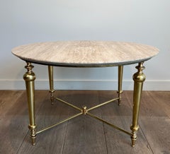 Brass Coffee Table with Travertine Top in the Style of Maison Ramsay