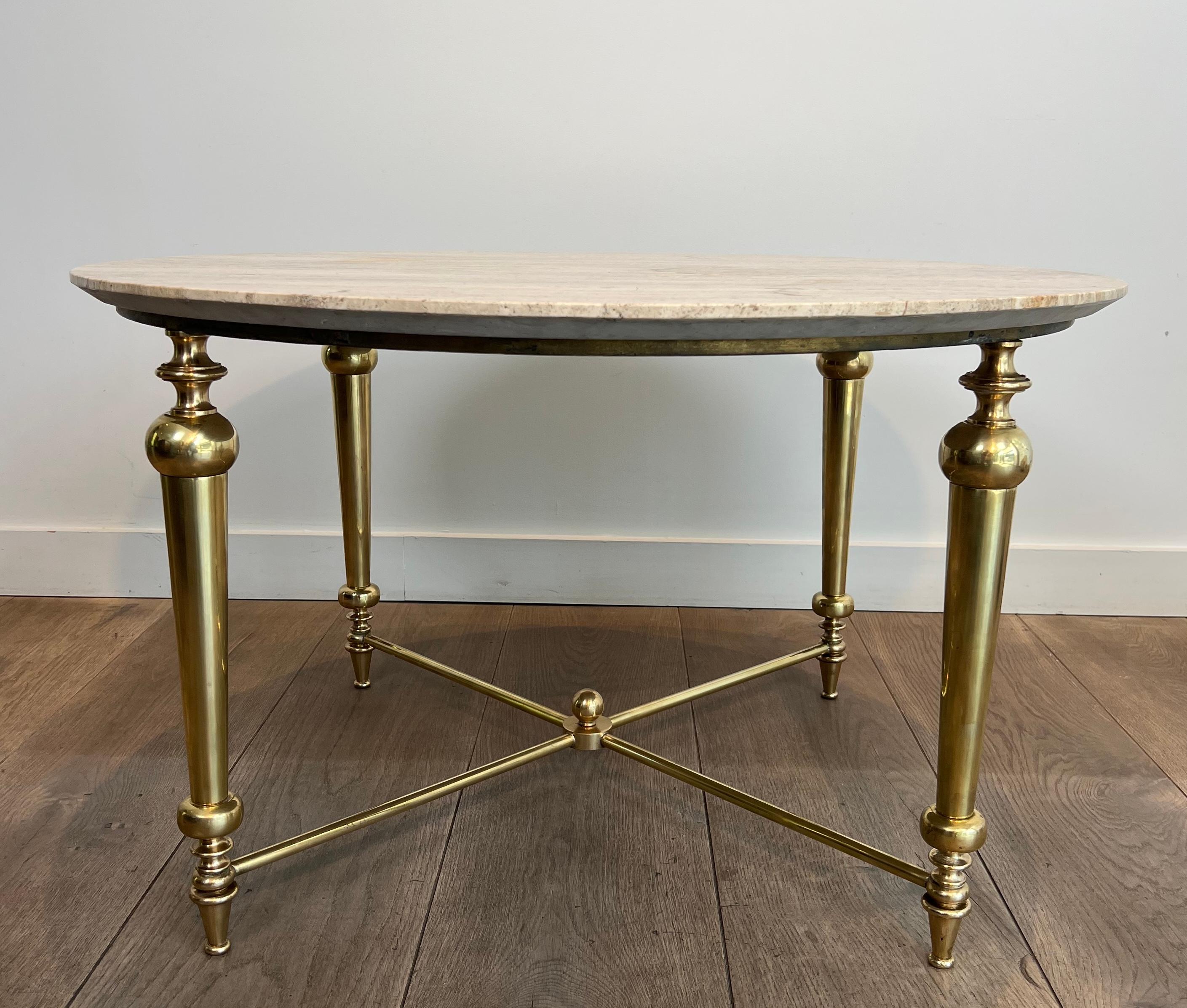 Neoclassical Brass Coffee Table with Travertine Top in the Style of Maison Ramsay For Sale