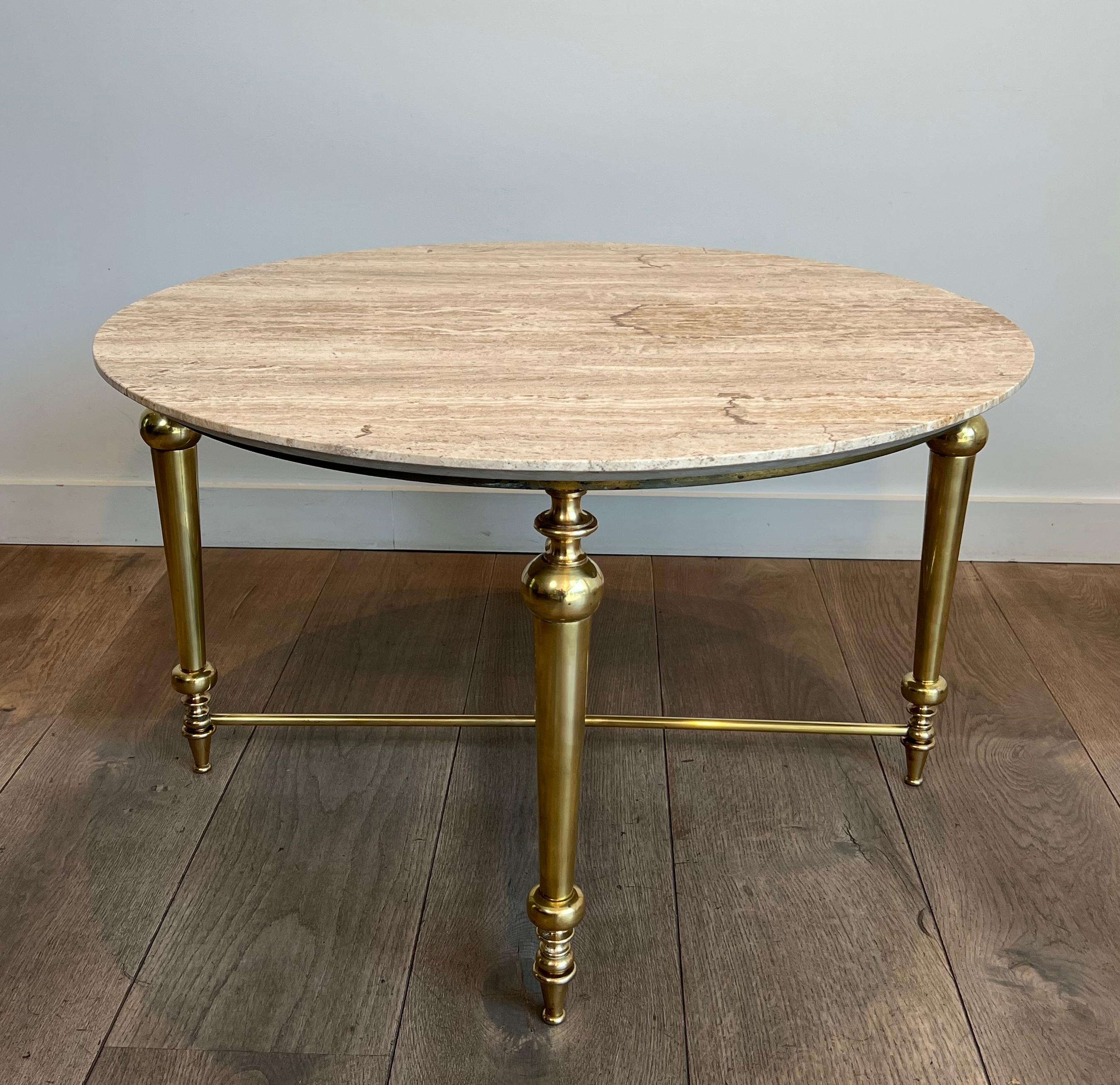 Late 20th Century Brass Coffee Table with Travertine Top in the Style of Maison Ramsay For Sale