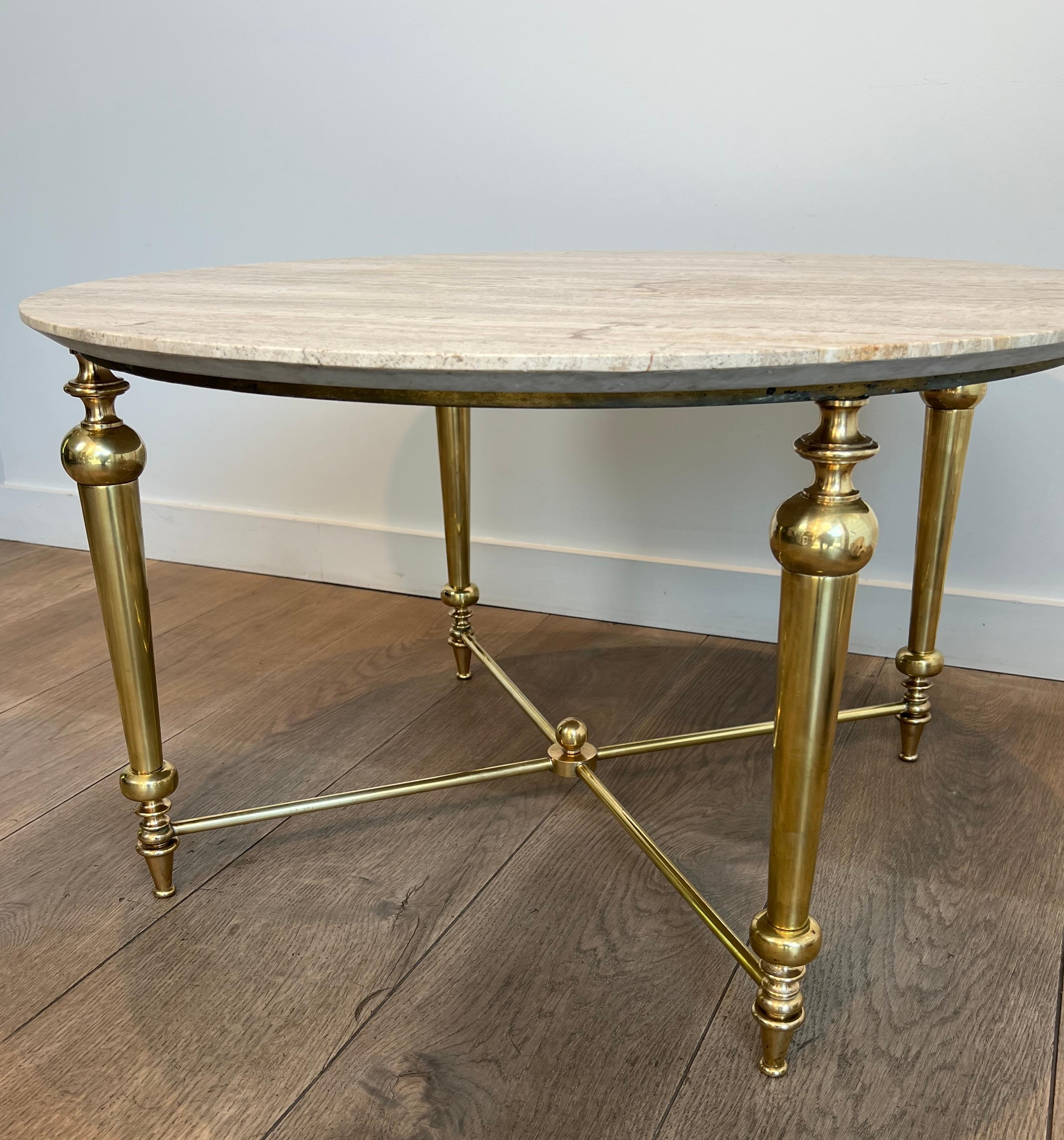 Brass Coffee Table with Travertine Top in the Style of Maison Ramsay For Sale 1