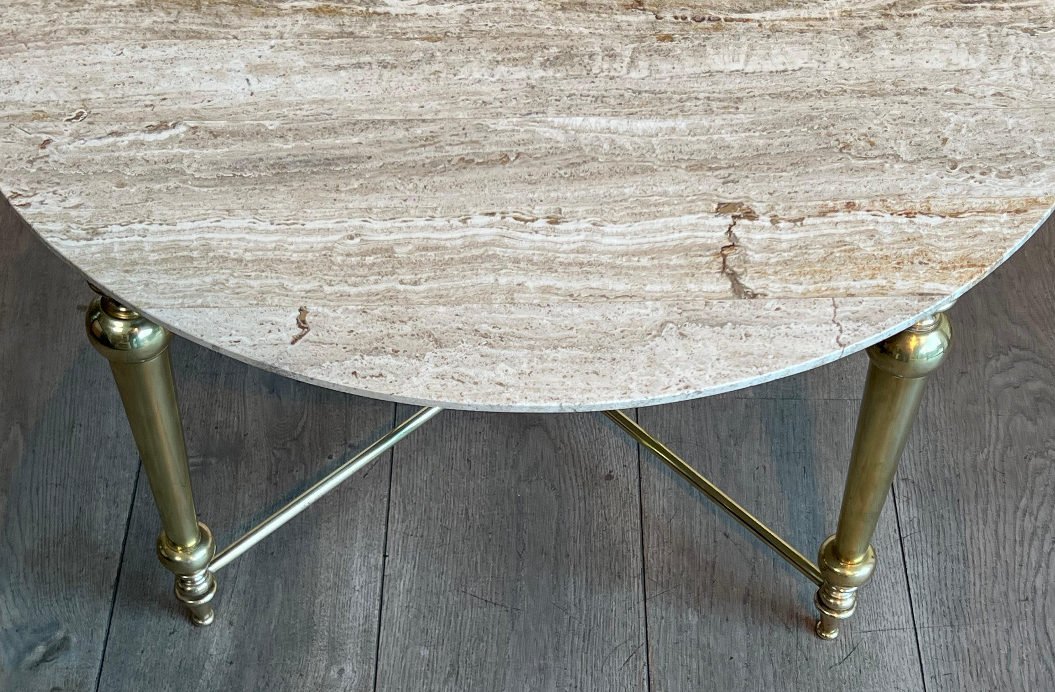 Brass Coffee Table with Travertine Top in the Style of Maison Ramsay For Sale 2