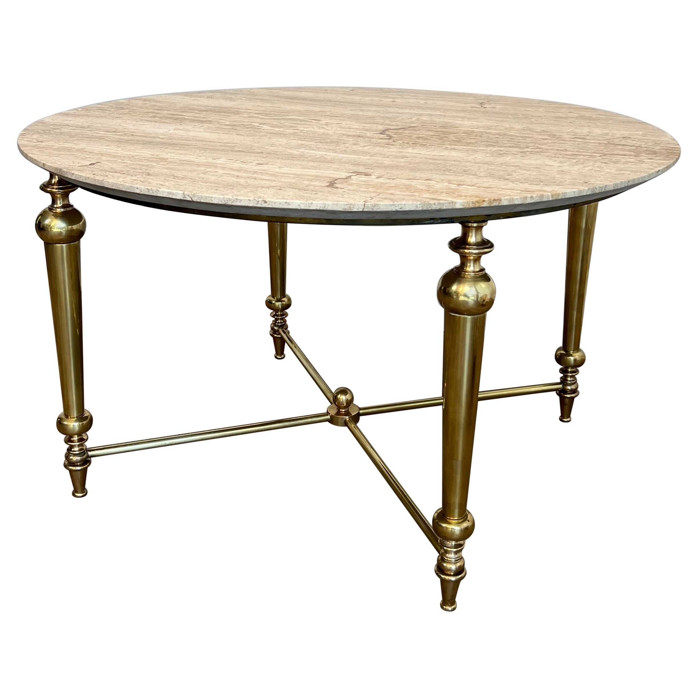 Brass Coffee Table with Travertine Top in the Style of Maison Ramsay For Sale