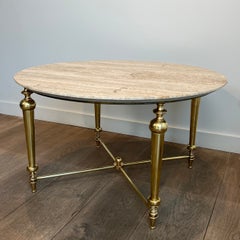 Brass Coffee Table with Travertine Top in the Style of Maison Ramsay