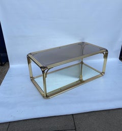 Brass Coffee Two Tiered Table with Mirror Hollywood Regency Glass 1970s Italy