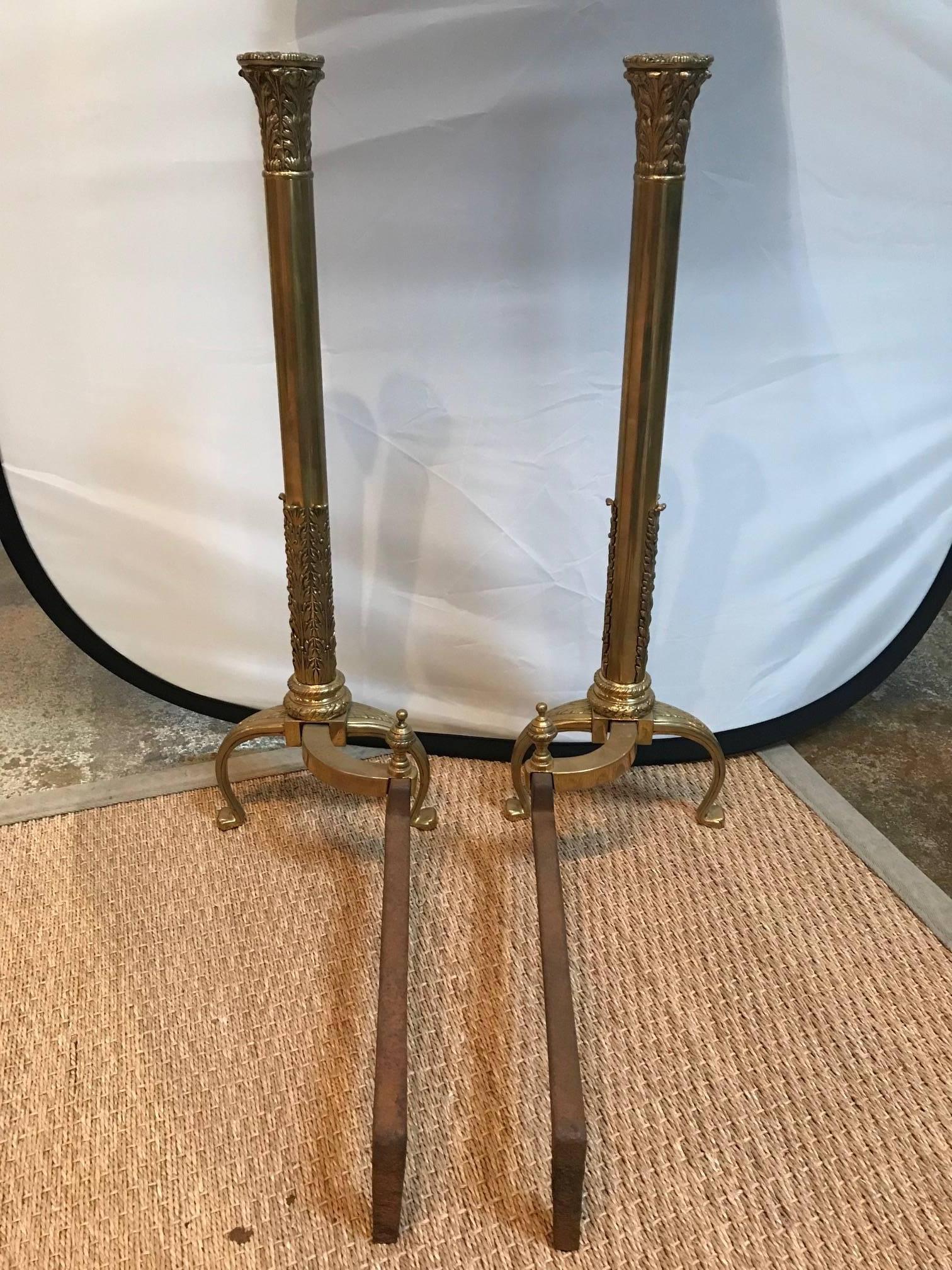 Brass Column Andirons In Excellent Condition For Sale In Dallas, TX