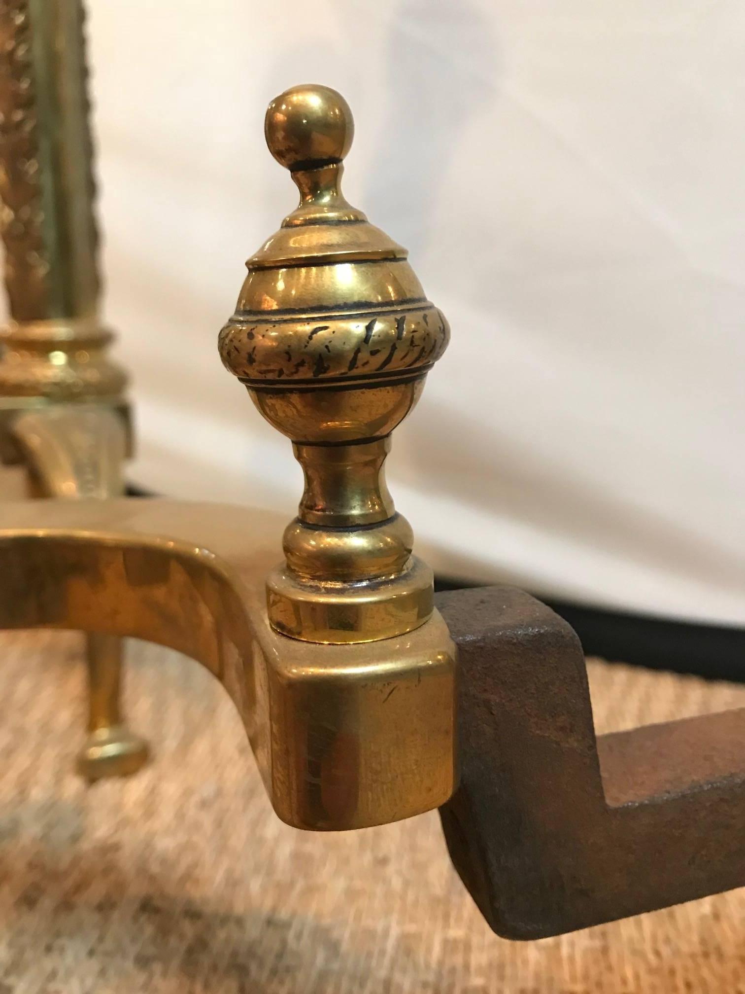 20th Century Brass Column Andirons For Sale