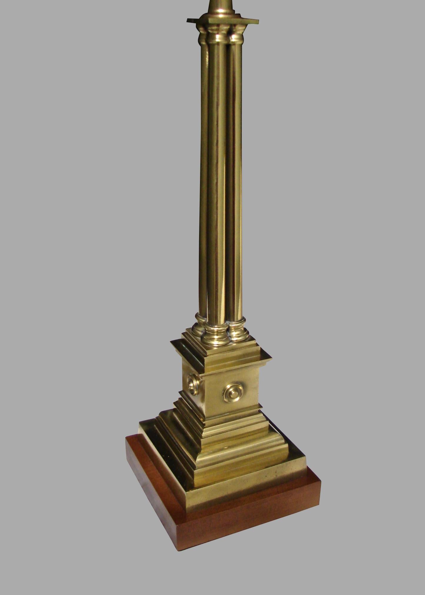 Brass Columnar Table Lamp with Custom Silk Shade In Good Condition In San Francisco, CA