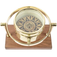 Antique Brass Compass First Half of the 19th Century Mounted on a Walnut Wooden Base