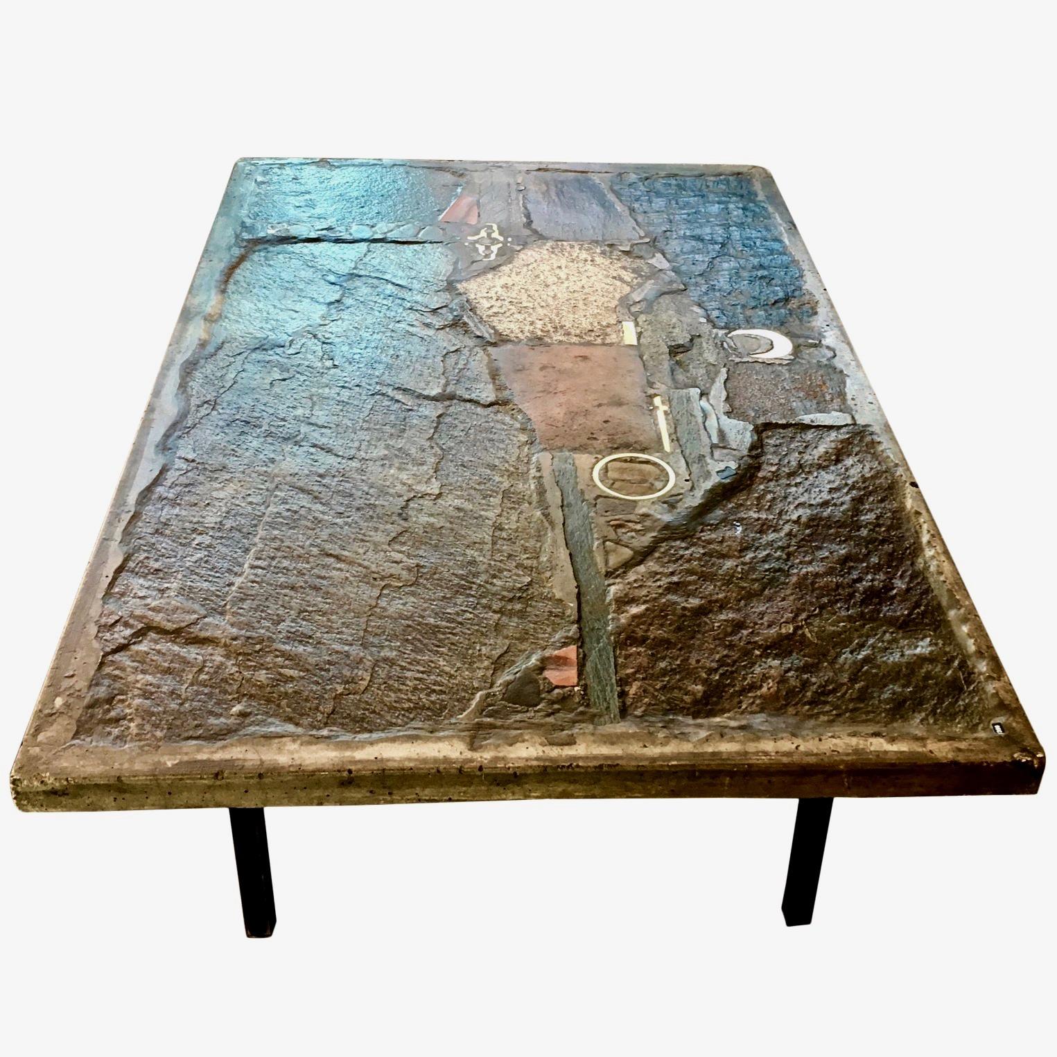 Mid-Century Modern Brass, Concrete and Slate Coffee Table by Paul Kingma, Signed and Dated 1973