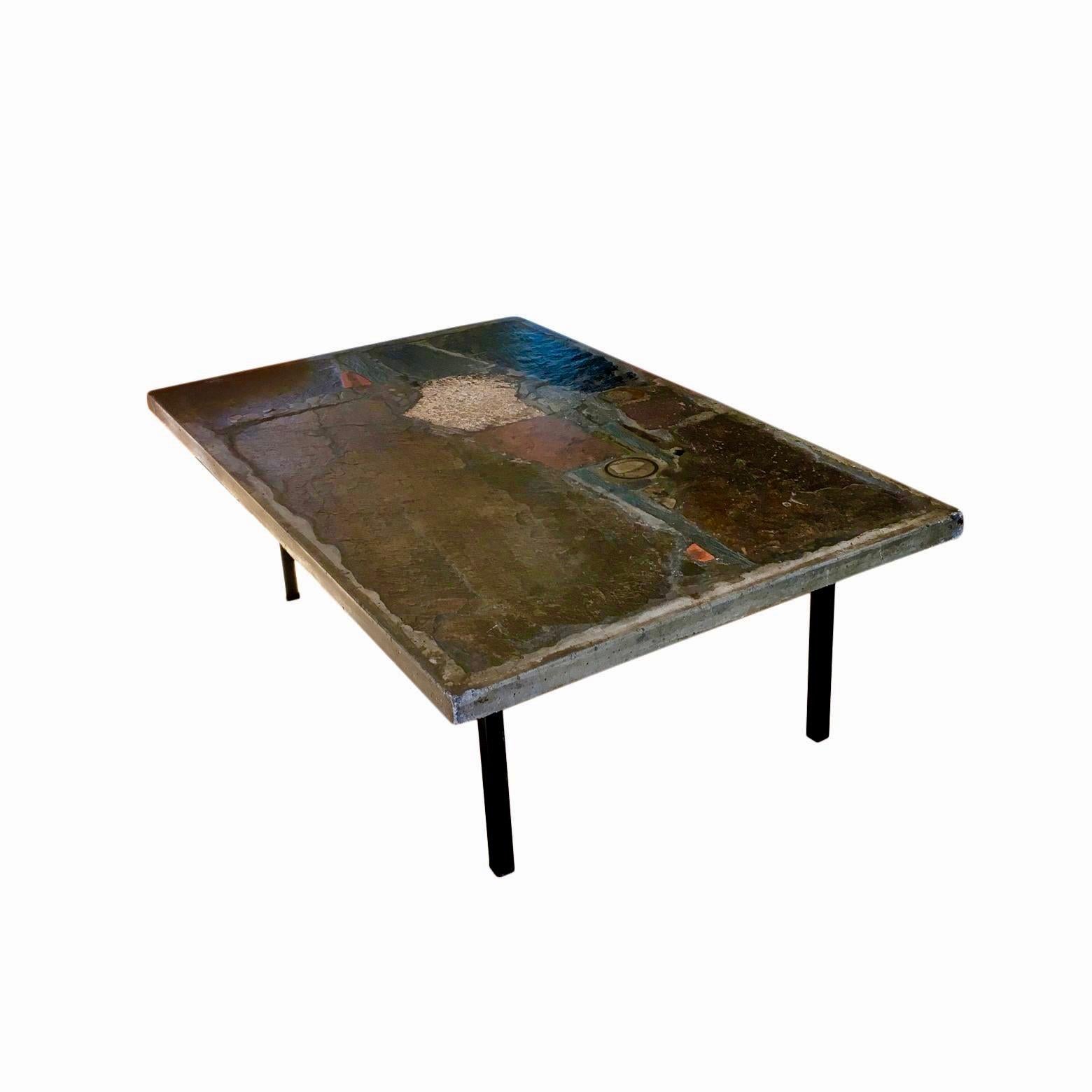 Metal Brass, Concrete and Slate Coffee Table by Paul Kingma, Signed and Dated 1973