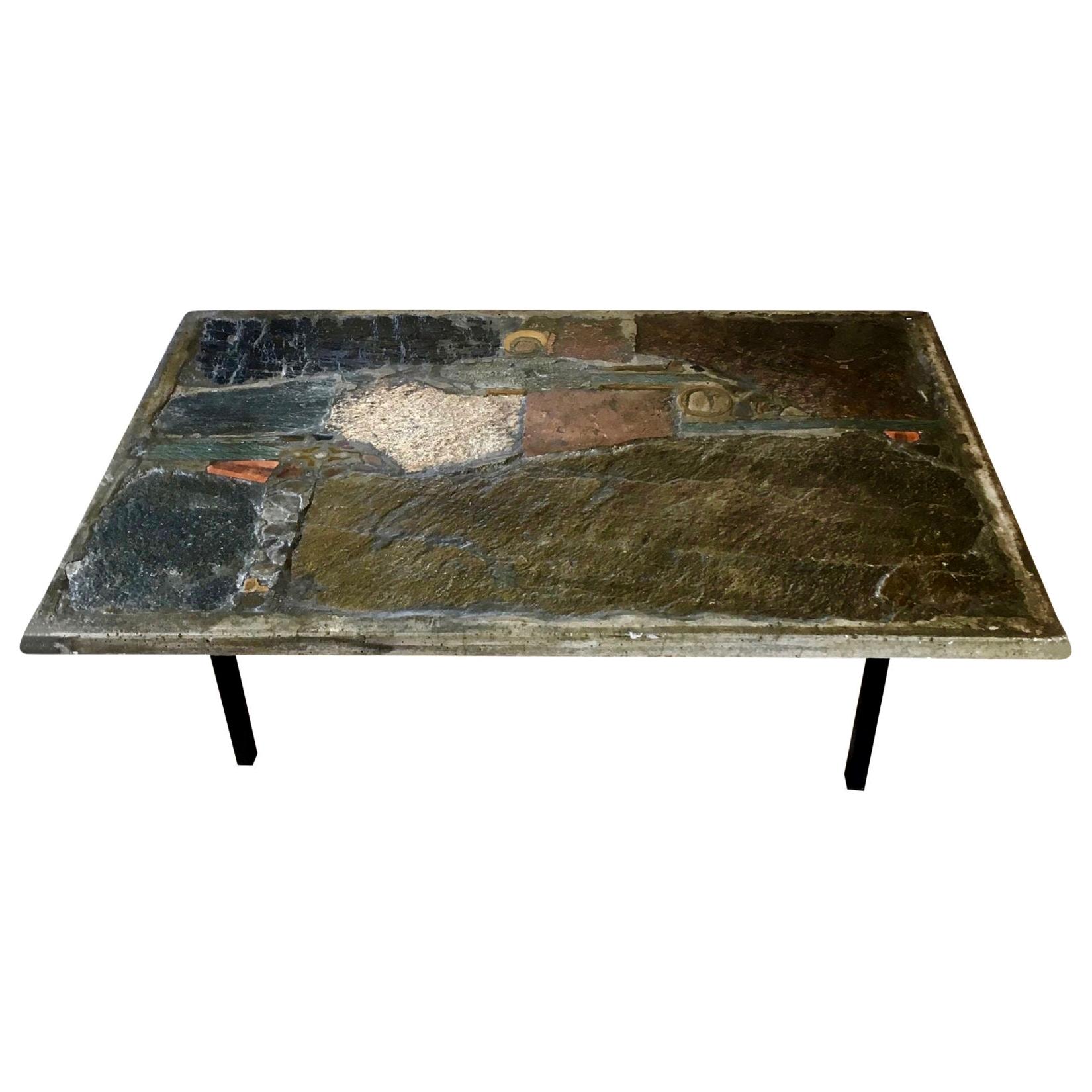 Brass, Concrete and Slate Coffee Table by Paul Kingma, Signed and Dated 1973