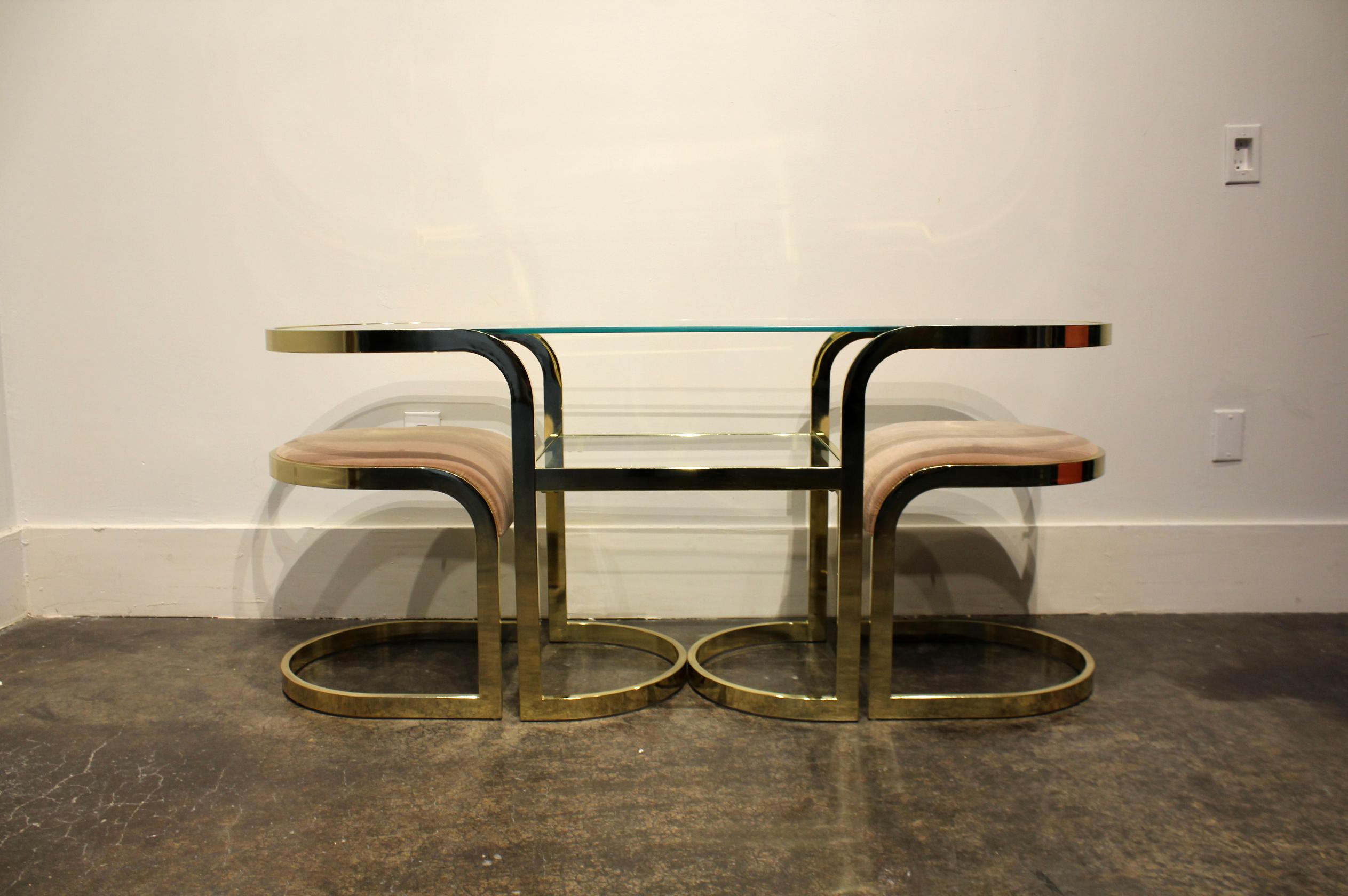 Mid-Century Modern Brass Console Cafe Table with Pink Chairs by DIA Design Institute of America For Sale