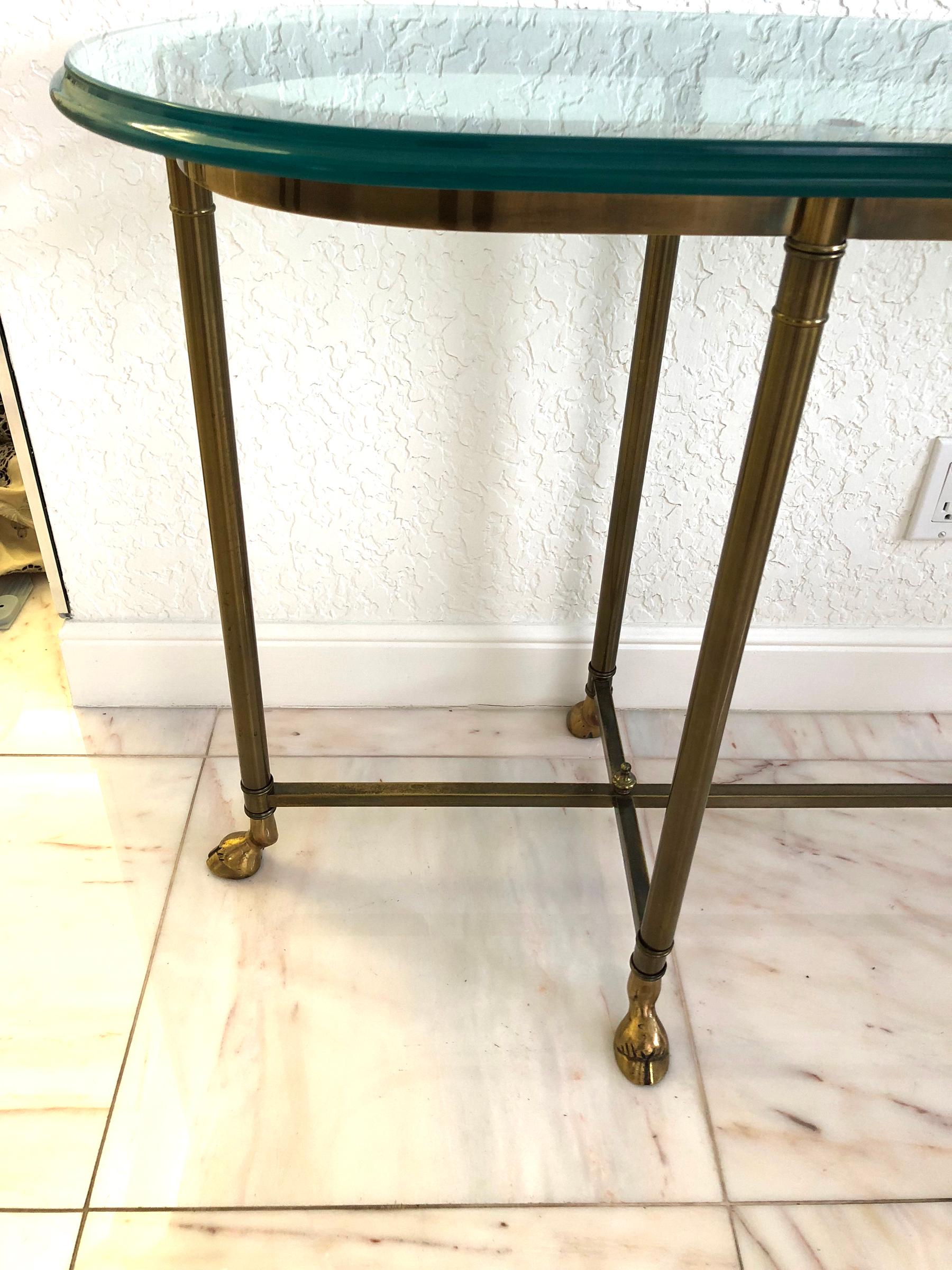 Hollywood Regency Brass Console Table Glass Top with Hoof Feet