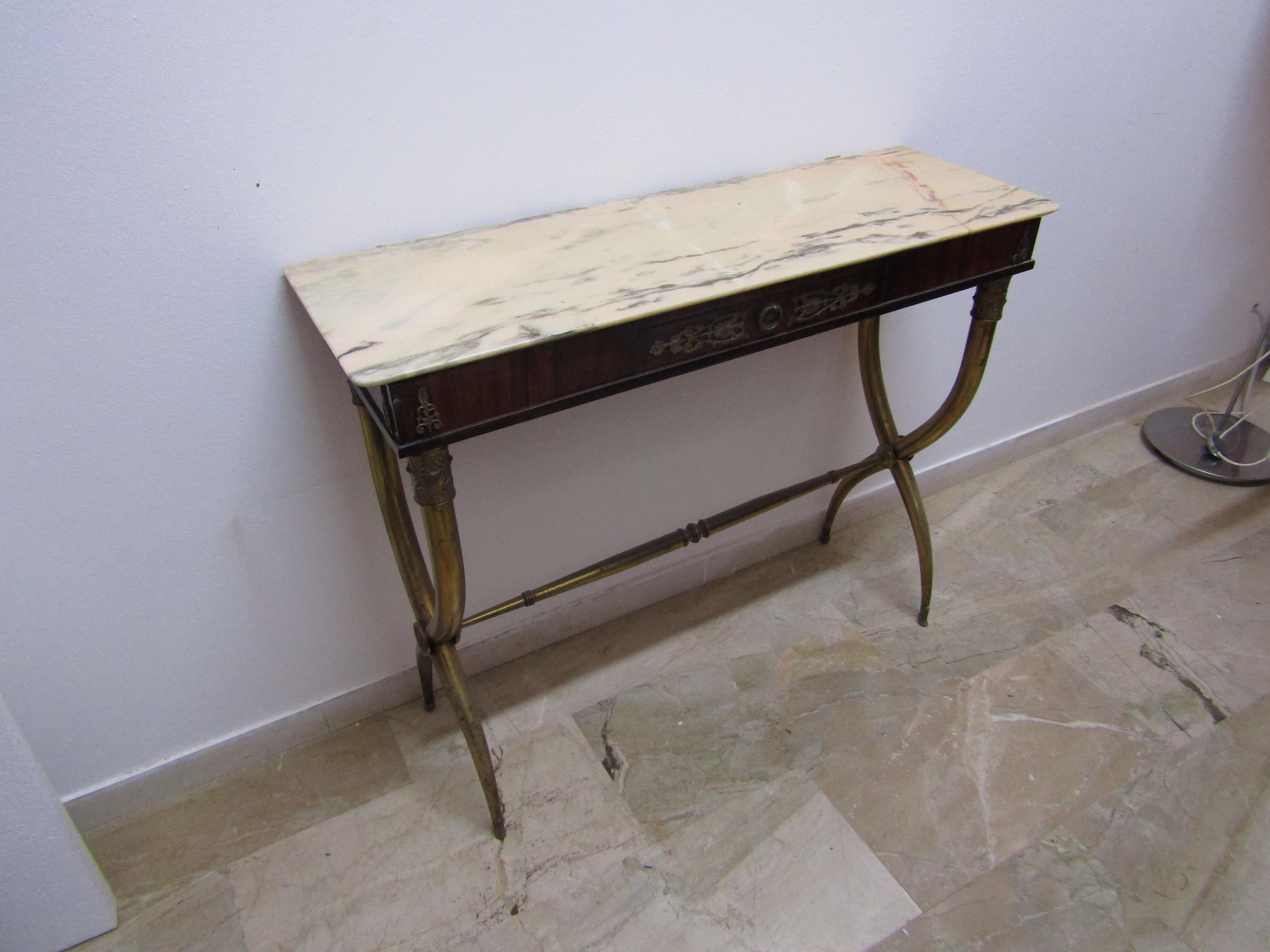 Brass console table Italian design, midcentury, 1950s. In the manner Paolo Buffa design. Marble-top.