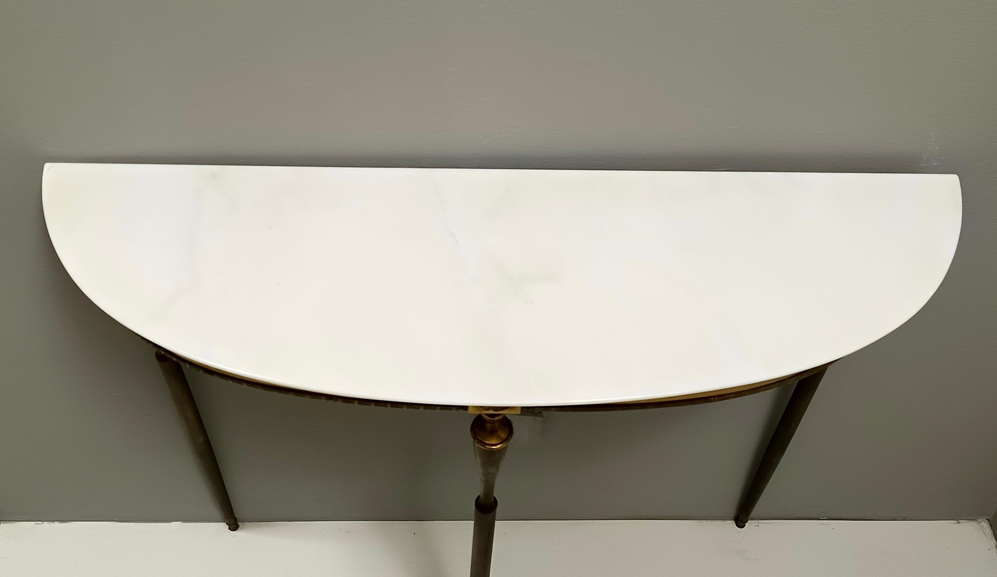 Mid-20th Century Brass Console Table with Demilune Portuguese Pink Marble Top, Italy