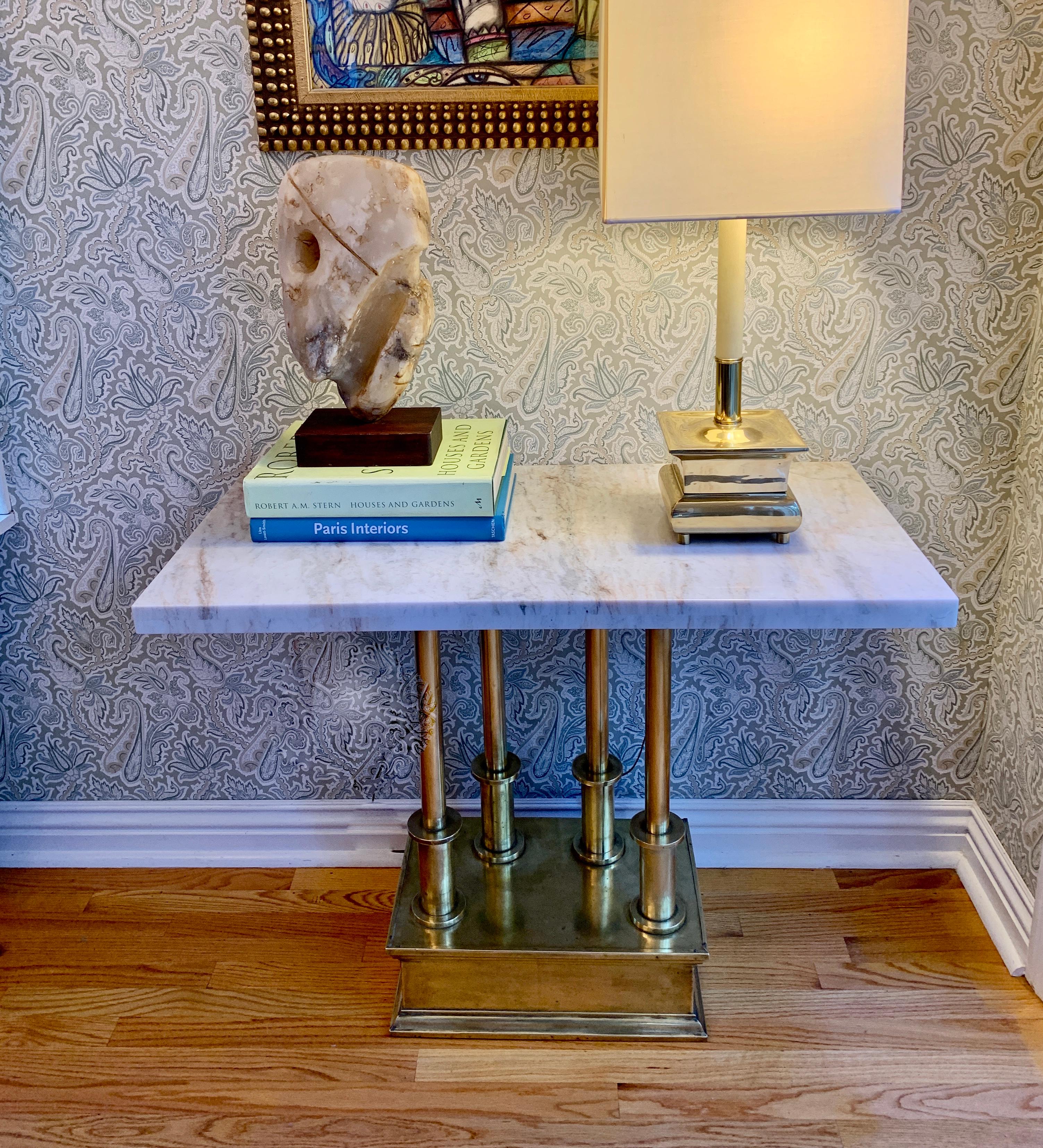 American Craftsman Brass Console Table with Marble Top