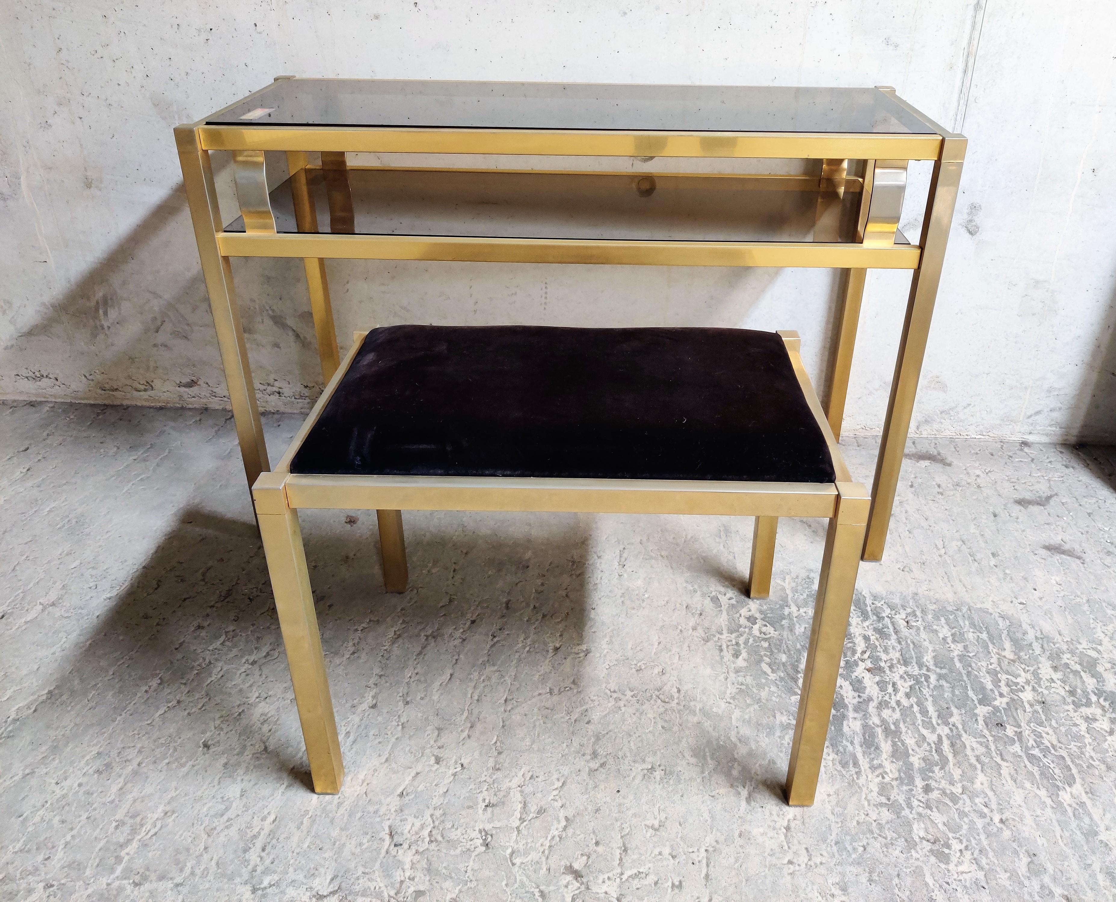 German Brass Console Table with Mirror and Stool, 1970s