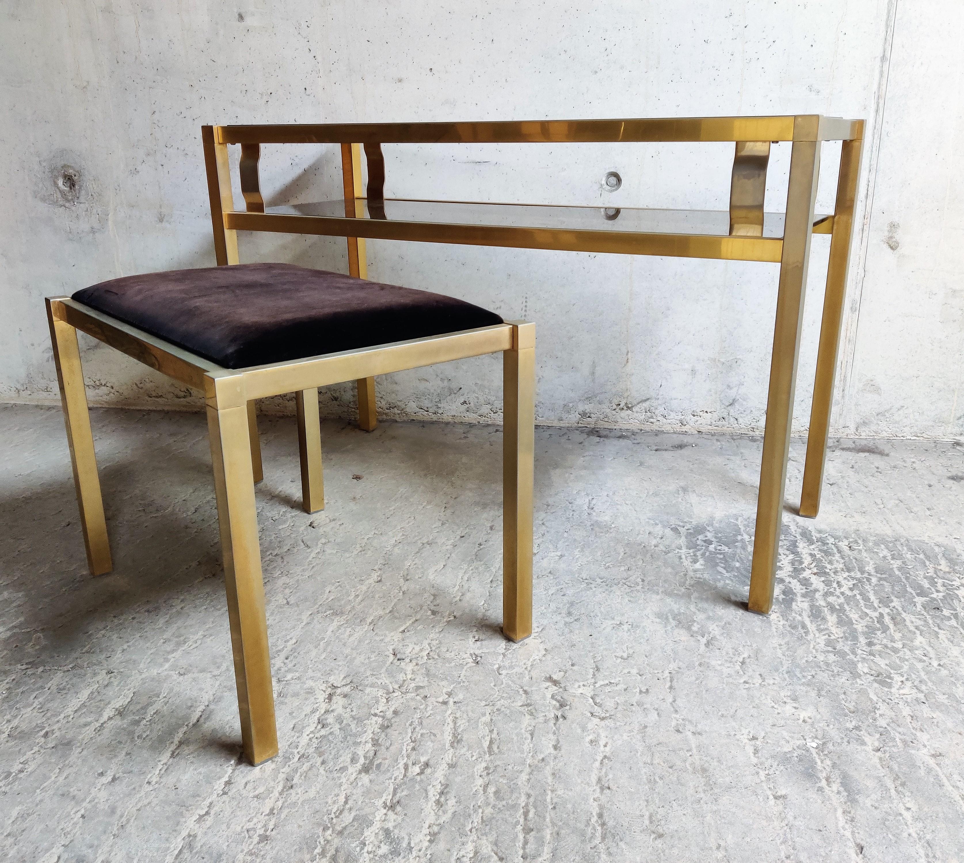 Late 20th Century Brass Console Table with Mirror and Stool, 1970s