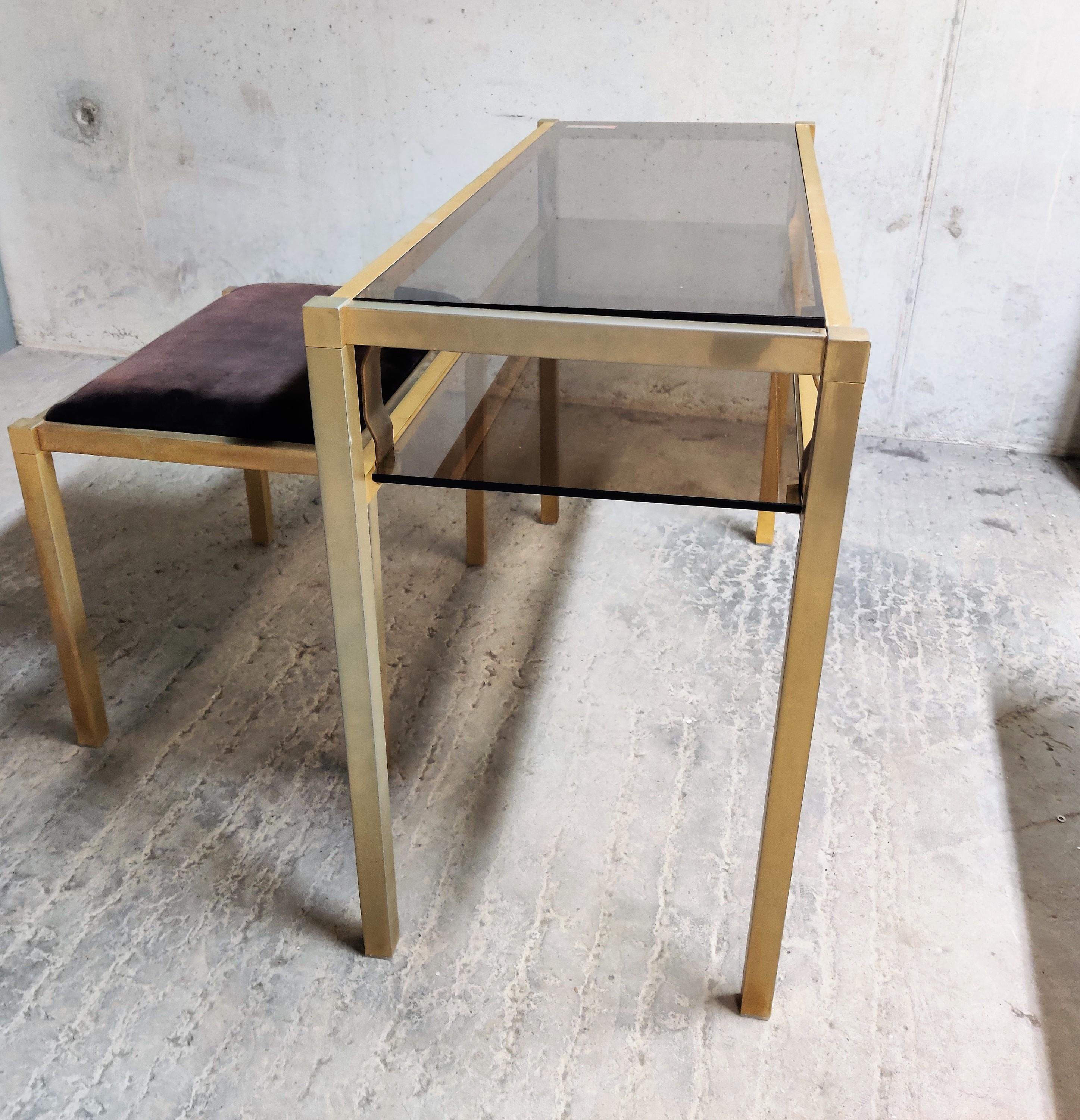 Brass Console Table with Mirror and Stool, 1970s 2