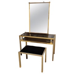 Brass Console Table with Mirror and Stool, 1970s