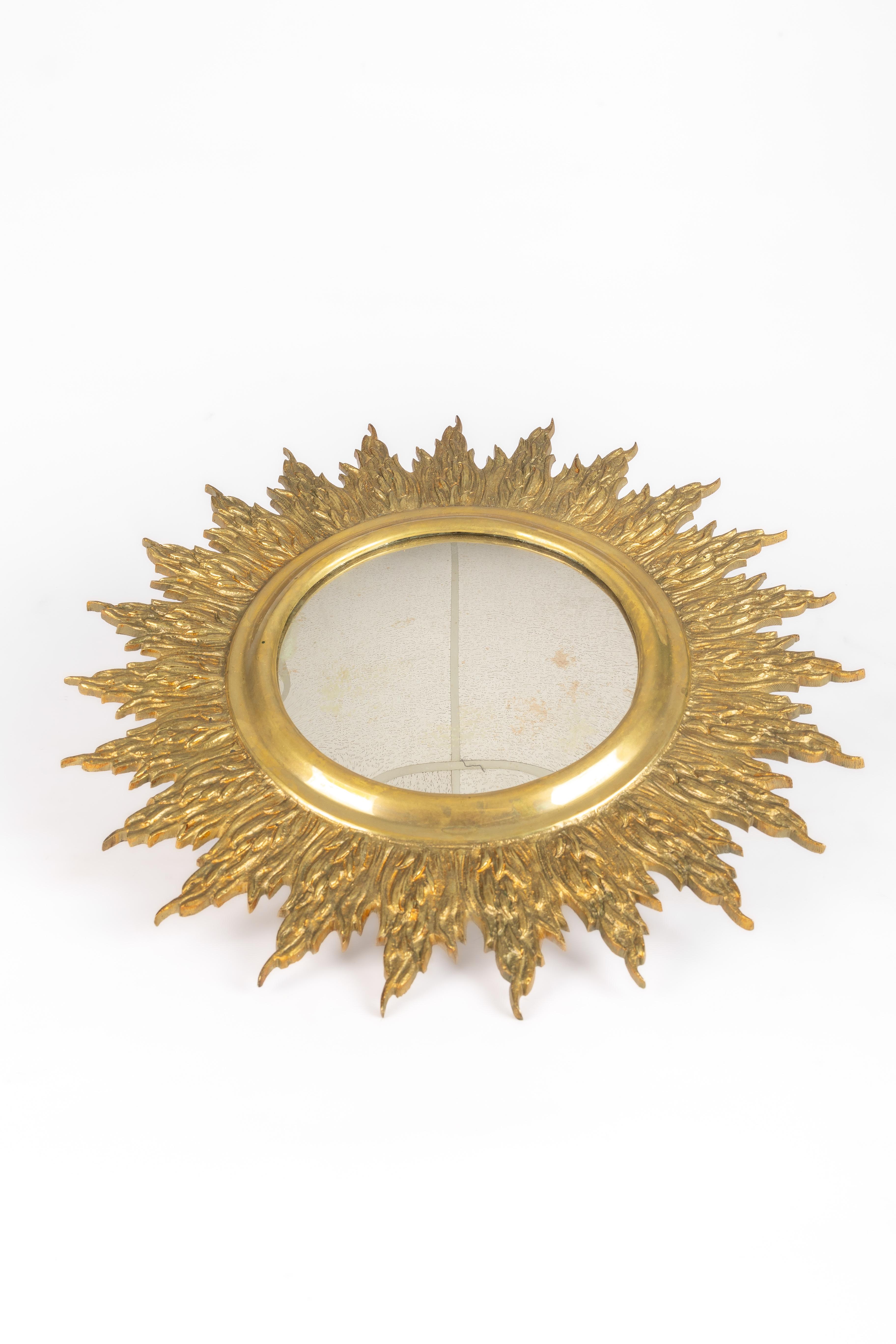 Hollywood Regency Brass convex sunburst mirror For Sale