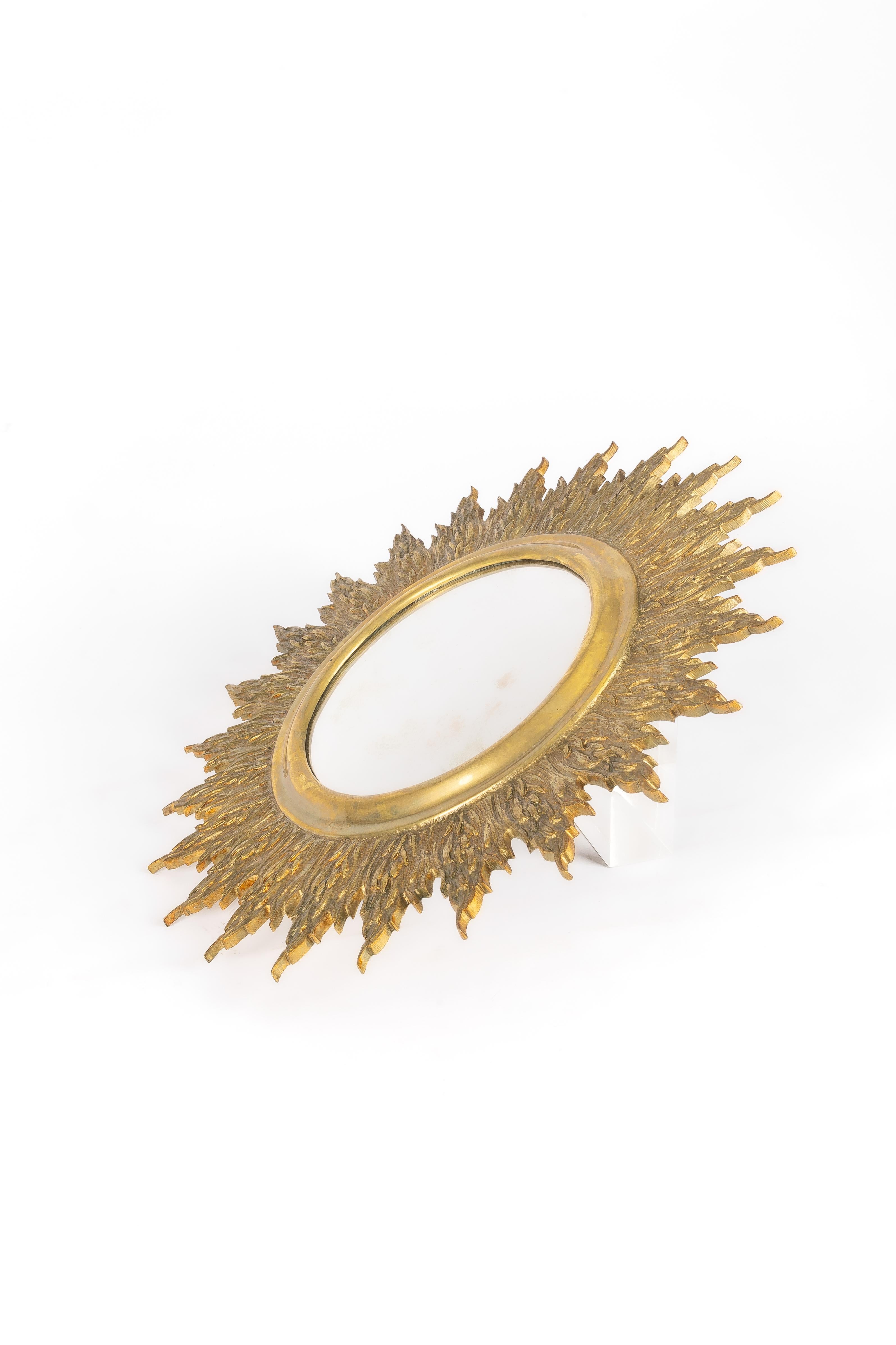 French Brass convex sunburst mirror For Sale