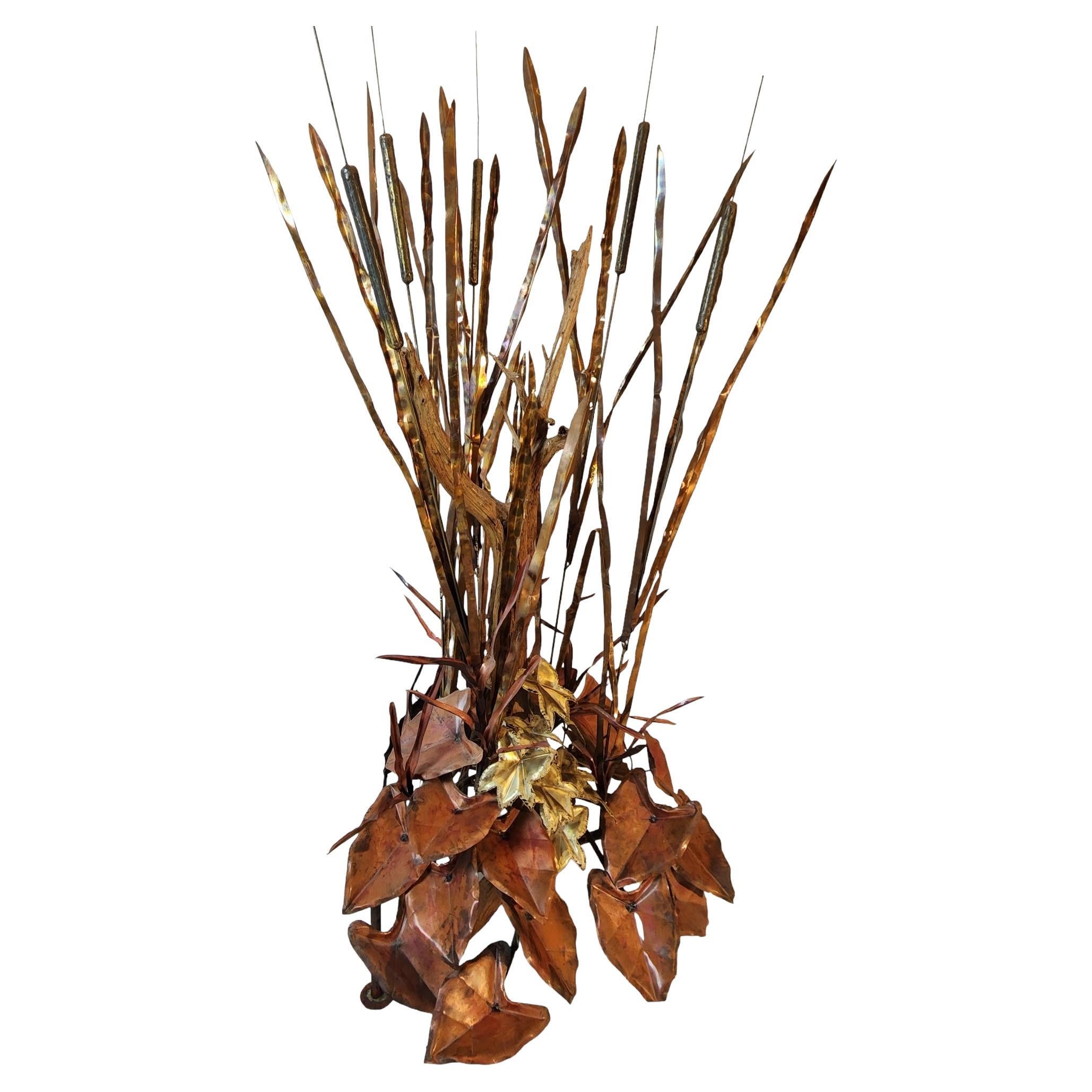 6' Brass and Copper Marsh Grass, Cattails and Driftwood Curtis Jere Style 1970s For Sale