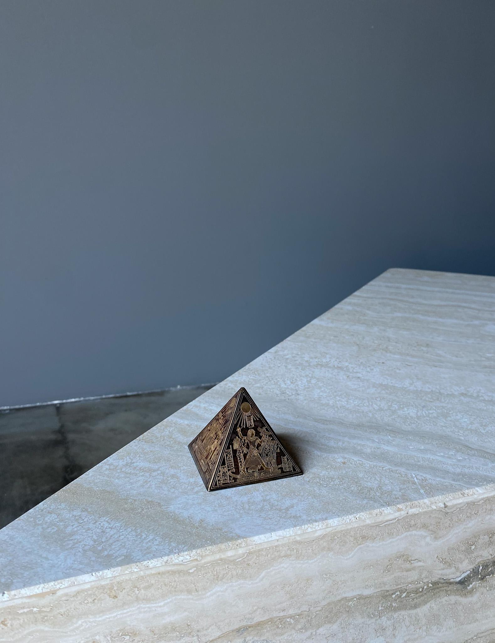 Etched Brass & Copper Egyptian Revival Pyramid Sculptural Paperweight, 1960's