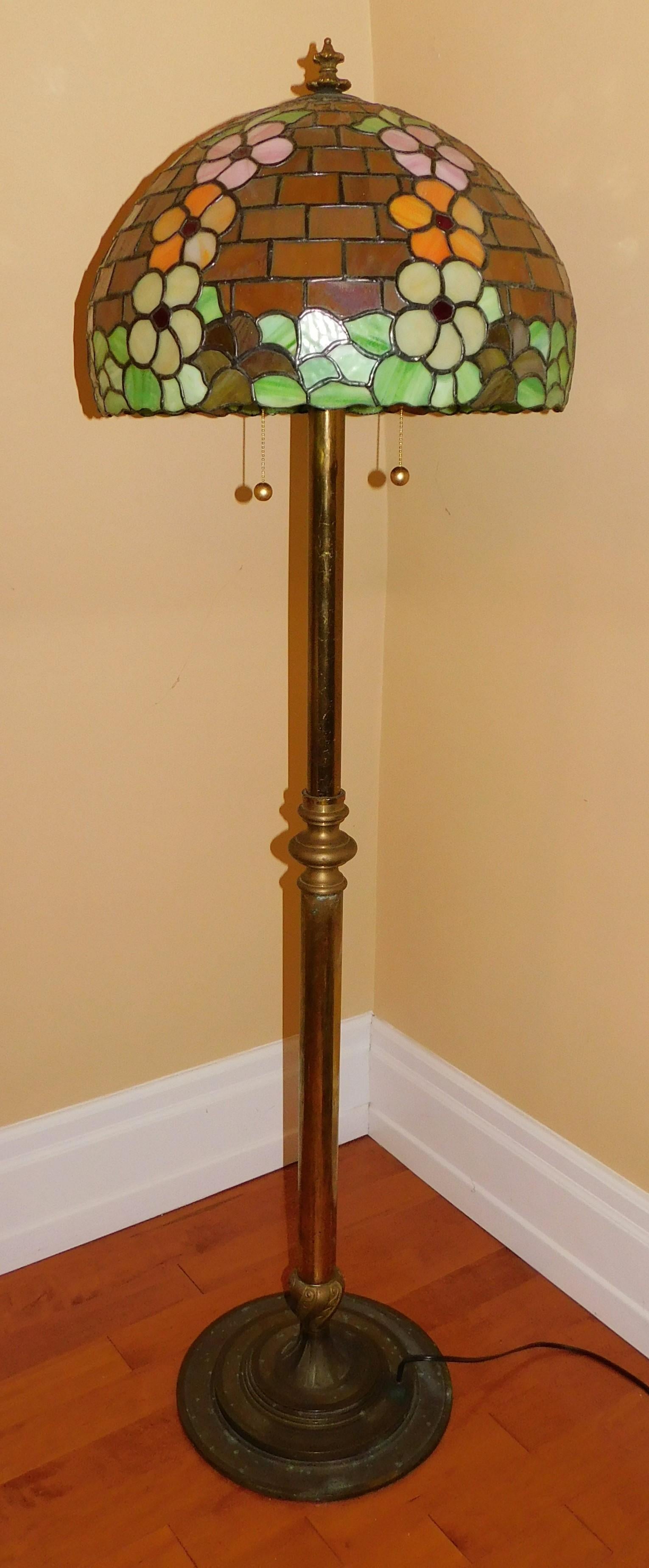 20th Century Brass Copper Floor Lamp with Handmade Tiffany Style Shade